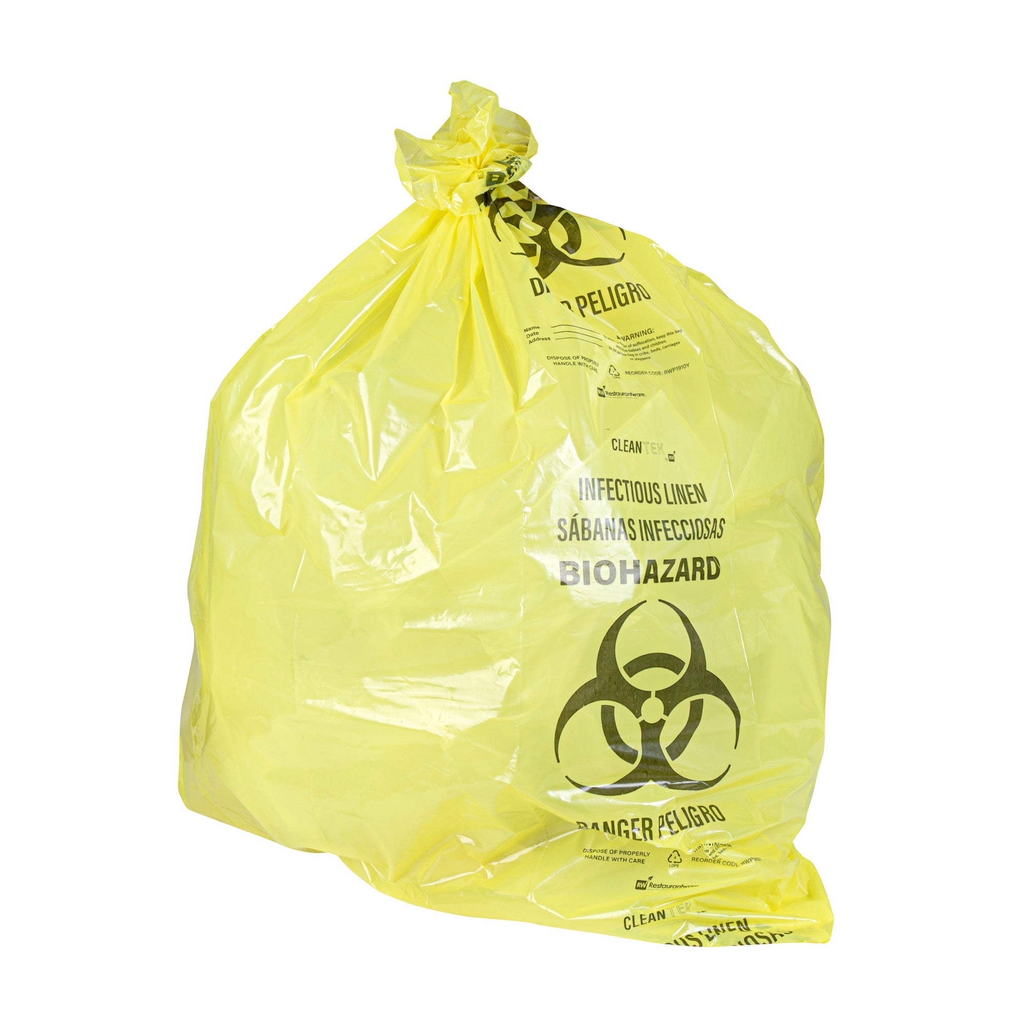 Clean Tek Professional 40-45 Gal Yellow Plastic Biohazard Trash Liner - Infectious Linen,Linear Low Density,3 mil - 40" x 46" - 50 count box