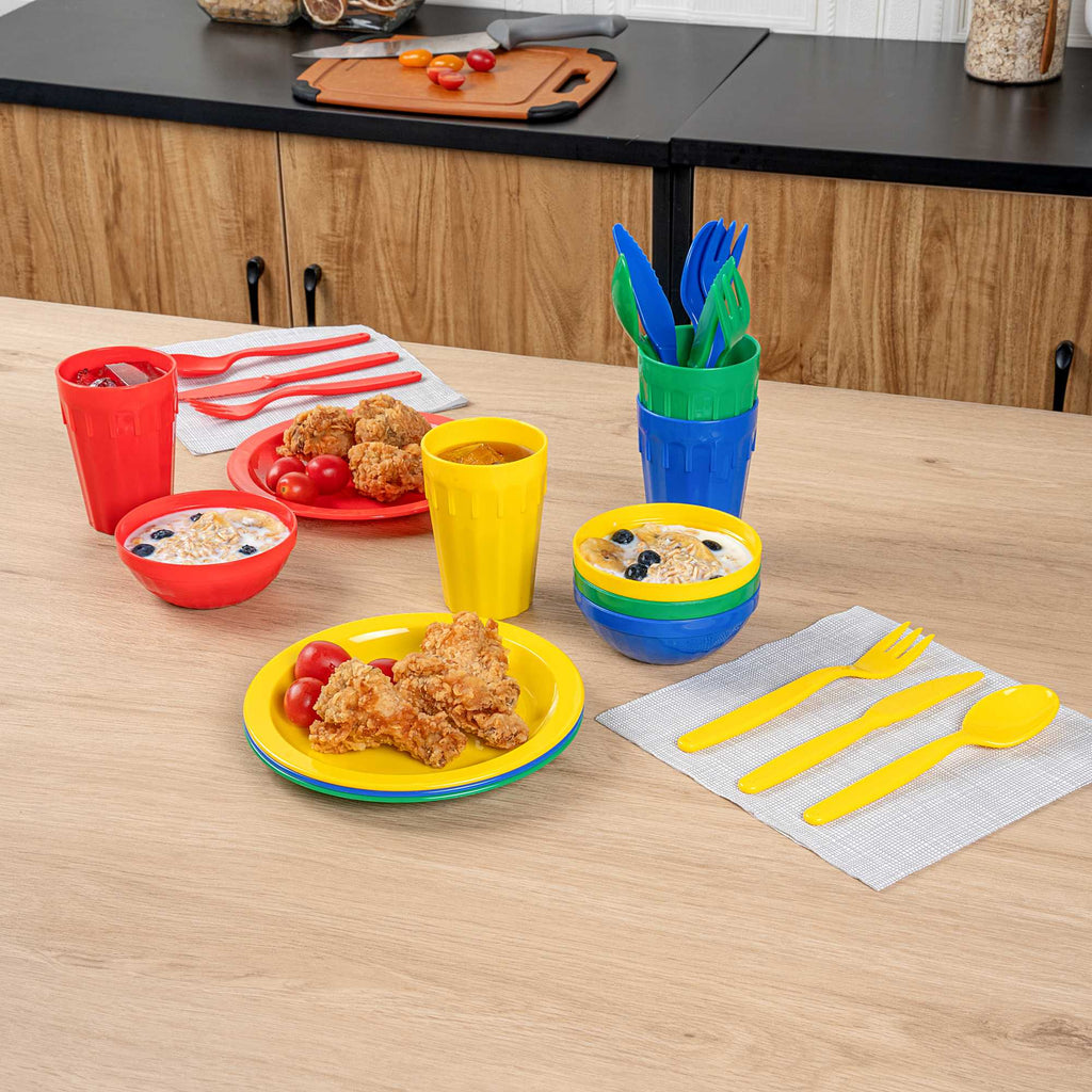 RW Kids 24-Piece Assorted Plastic Kids Dinnerware Set with Plates - Microwave-Safe, Dishwasher-Safe, BPA-Free - 1 Count Box