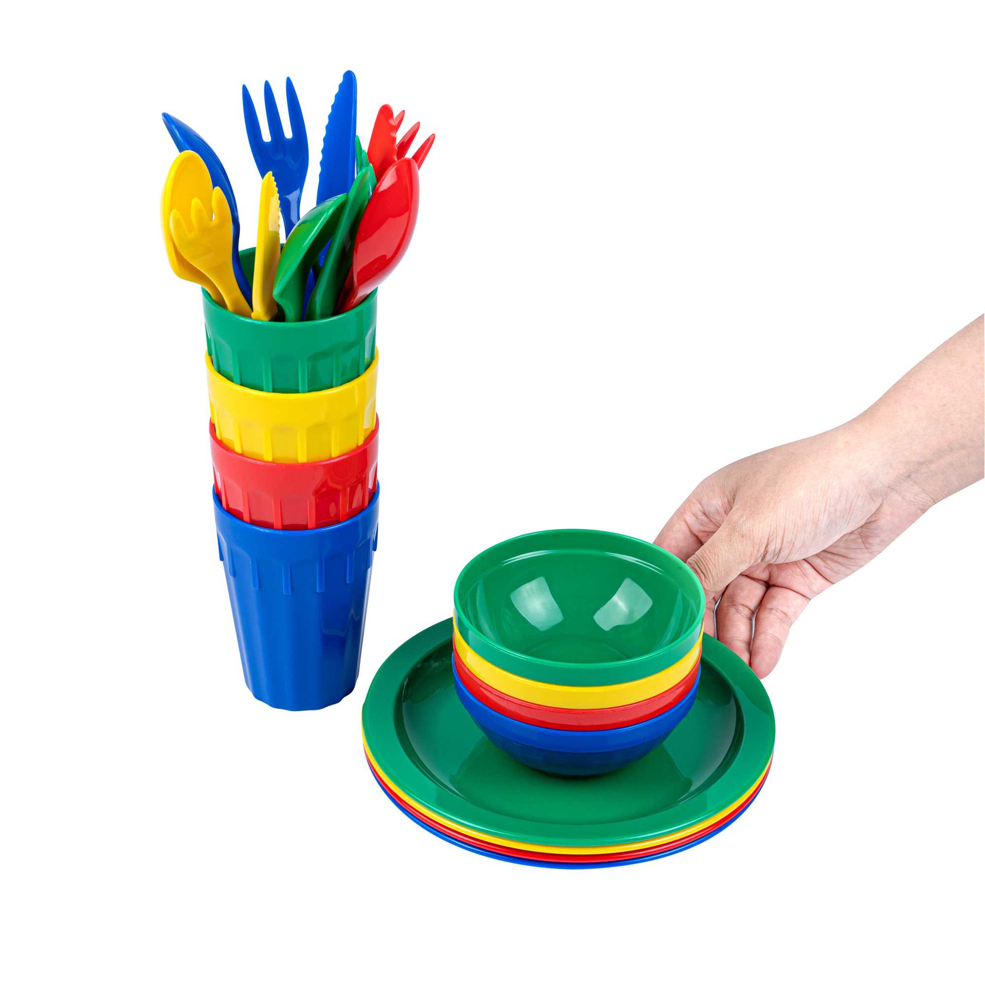 RW Kids 24-Piece Assorted Plastic Kids Dinnerware Set with Plates - Microwave-Safe, Dishwasher-Safe, BPA-Free - 1 Count Box