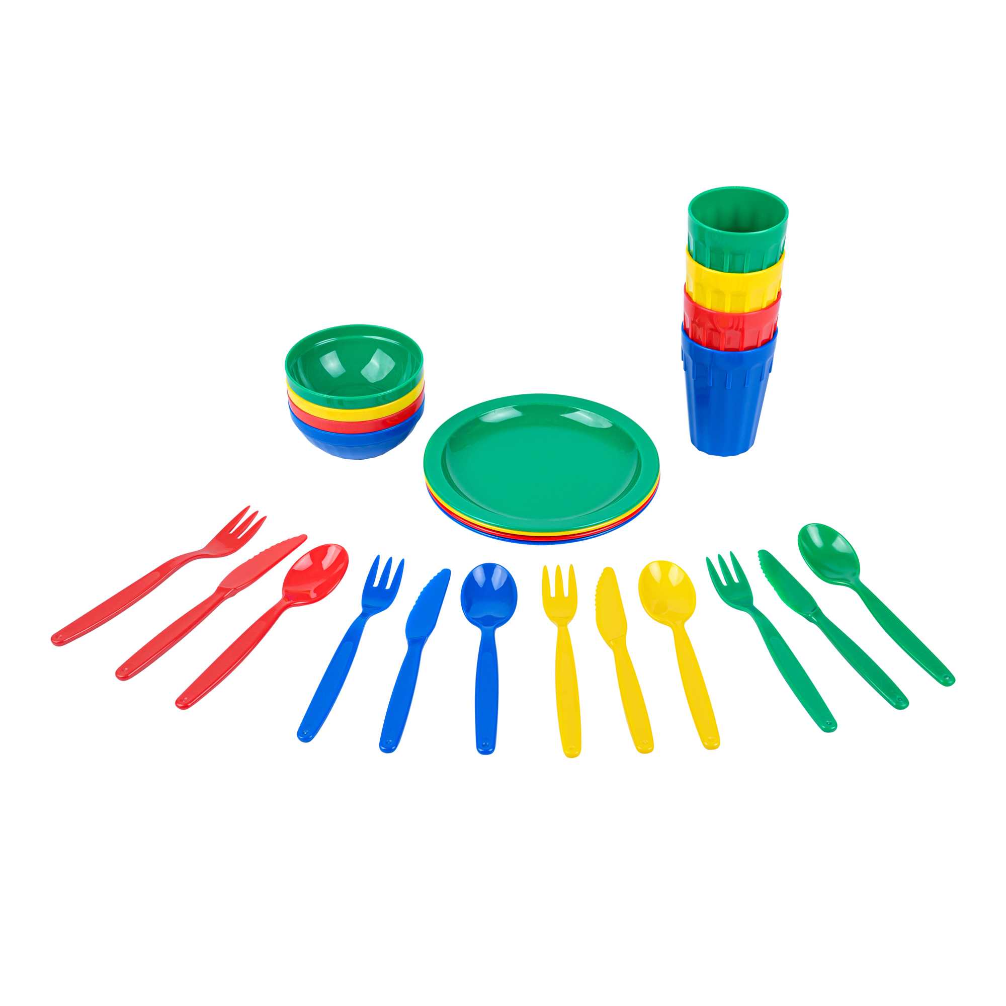 RW Kids 24-Piece Assorted Plastic Kids Dinnerware Set with Plates - Microwave-Safe, Dishwasher-Safe, BPA-Free - 1 Count Box