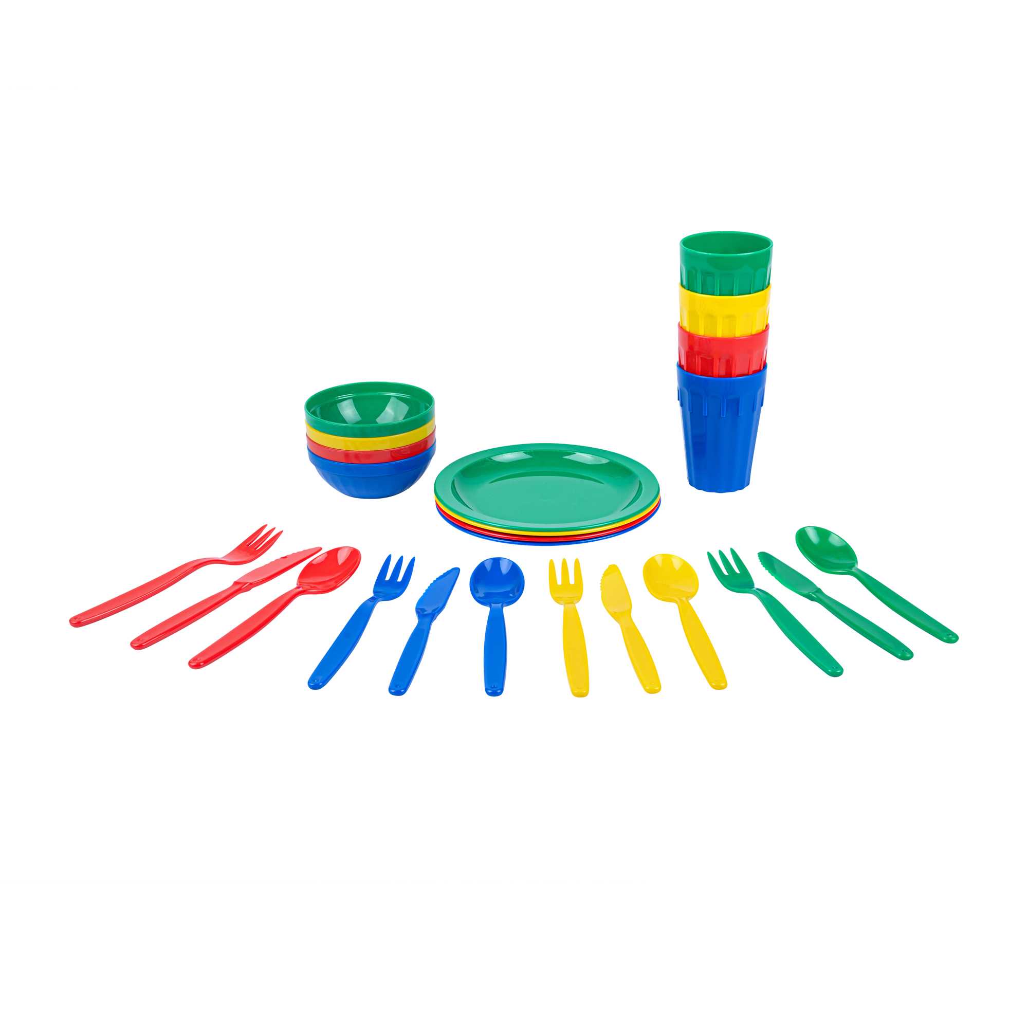 RW Kids 24-Piece Assorted Plastic Kids Dinnerware Set with Plates - Microwave-Safe, Dishwasher-Safe, BPA-Free - 1 Count Box