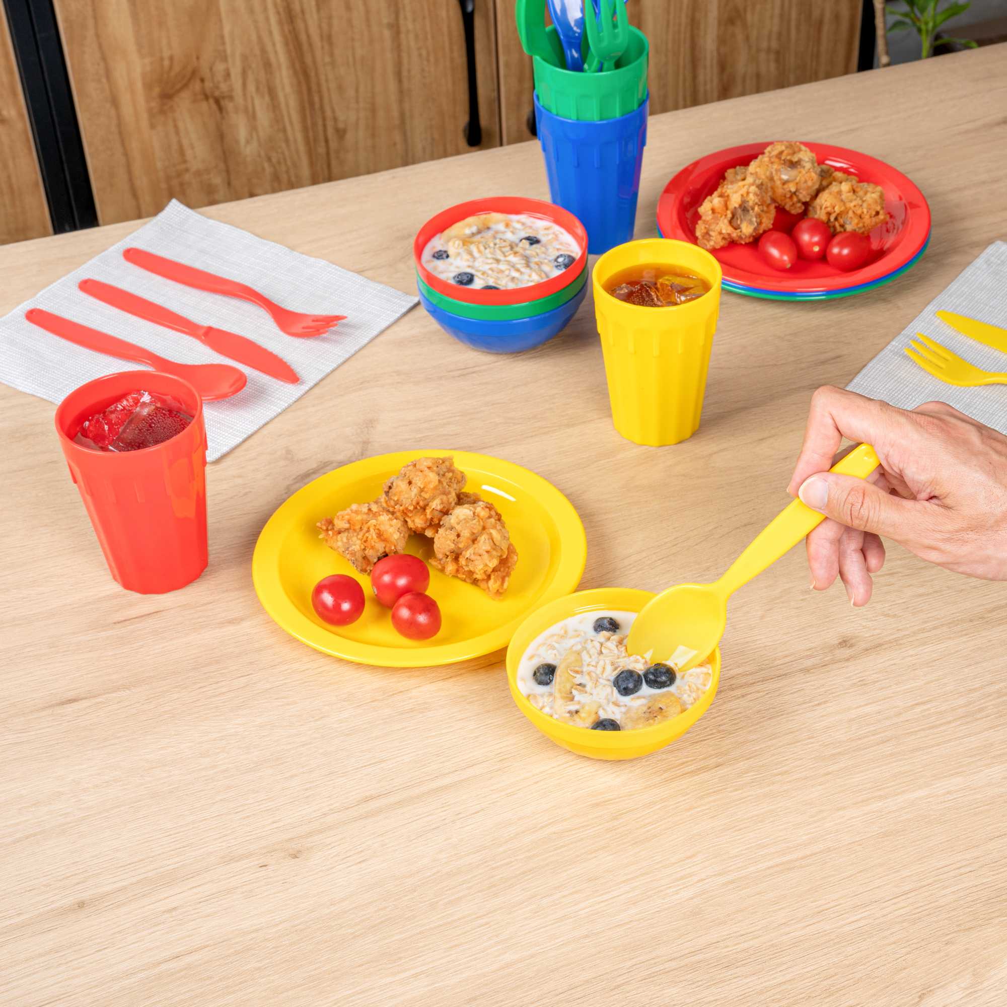 RW Kids 24-Piece Assorted Plastic Kids Dinnerware Set with Plates - Microwave-Safe, Dishwasher-Safe, BPA-Free - 1 Count Box