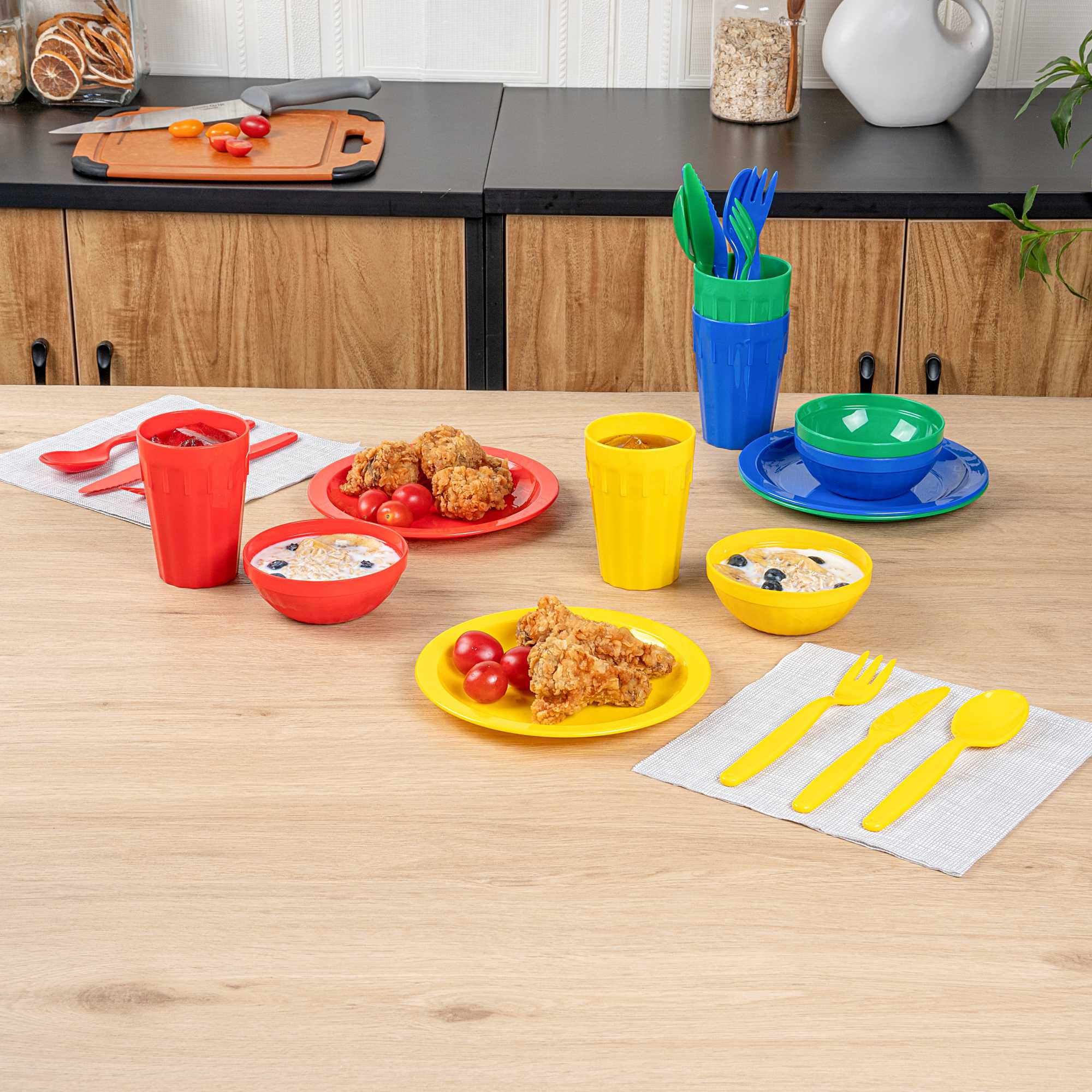 RW Kids 24-Piece Assorted Plastic Kids Dinnerware Set with Plates - Microwave-Safe, Dishwasher-Safe, BPA-Free - 1 Count Box