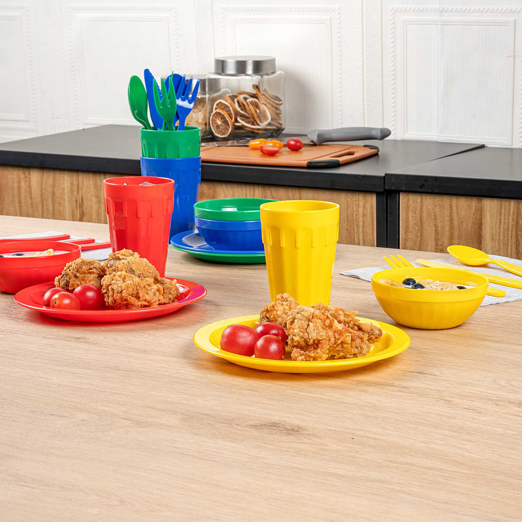 RW Kids 24-Piece Assorted Plastic Kids Dinnerware Set with Plates - Microwave-Safe, Dishwasher-Safe, BPA-Free - 1 Count Box