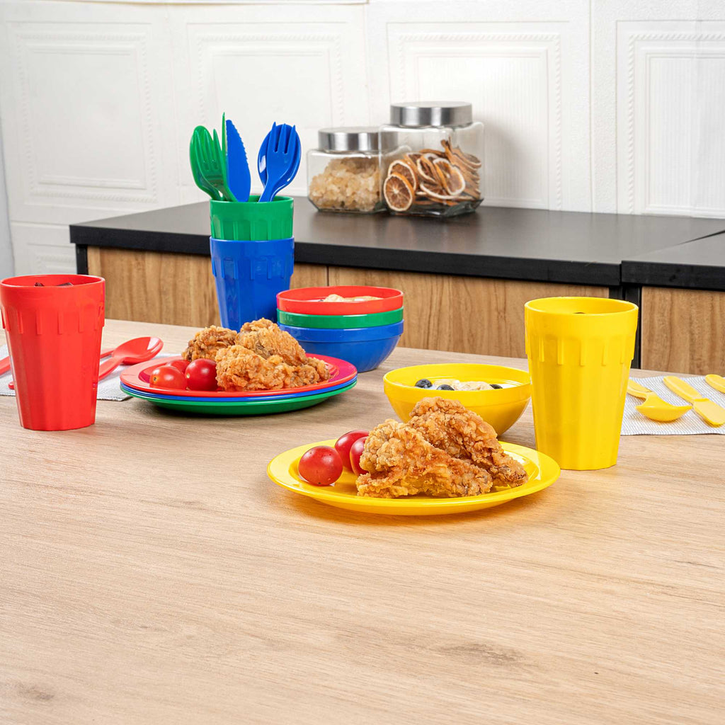RW Kids 24-Piece Assorted Plastic Kids Dinnerware Set with Plates - Microwave-Safe, Dishwasher-Safe, BPA-Free - 1 Count Box