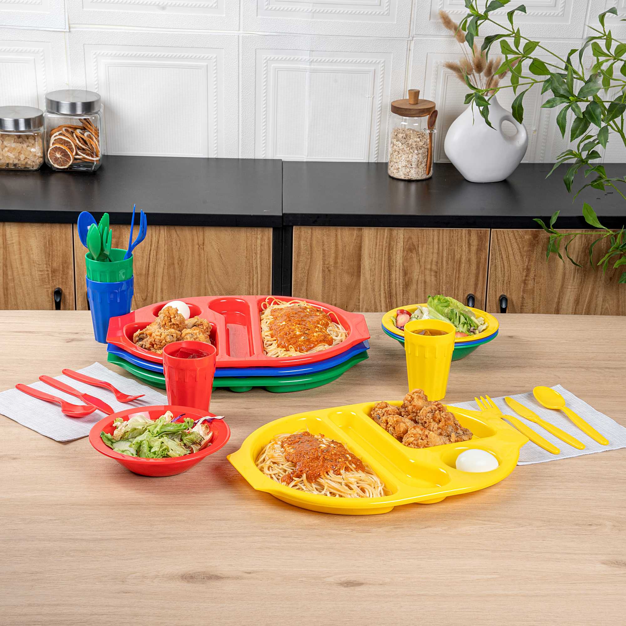 RW Kids 24-Piece Assorted Plastic Kids Dinnerware Set with Trays - Microwave-Safe, Dishwasher-Safe, BPA-Free - 1 count box