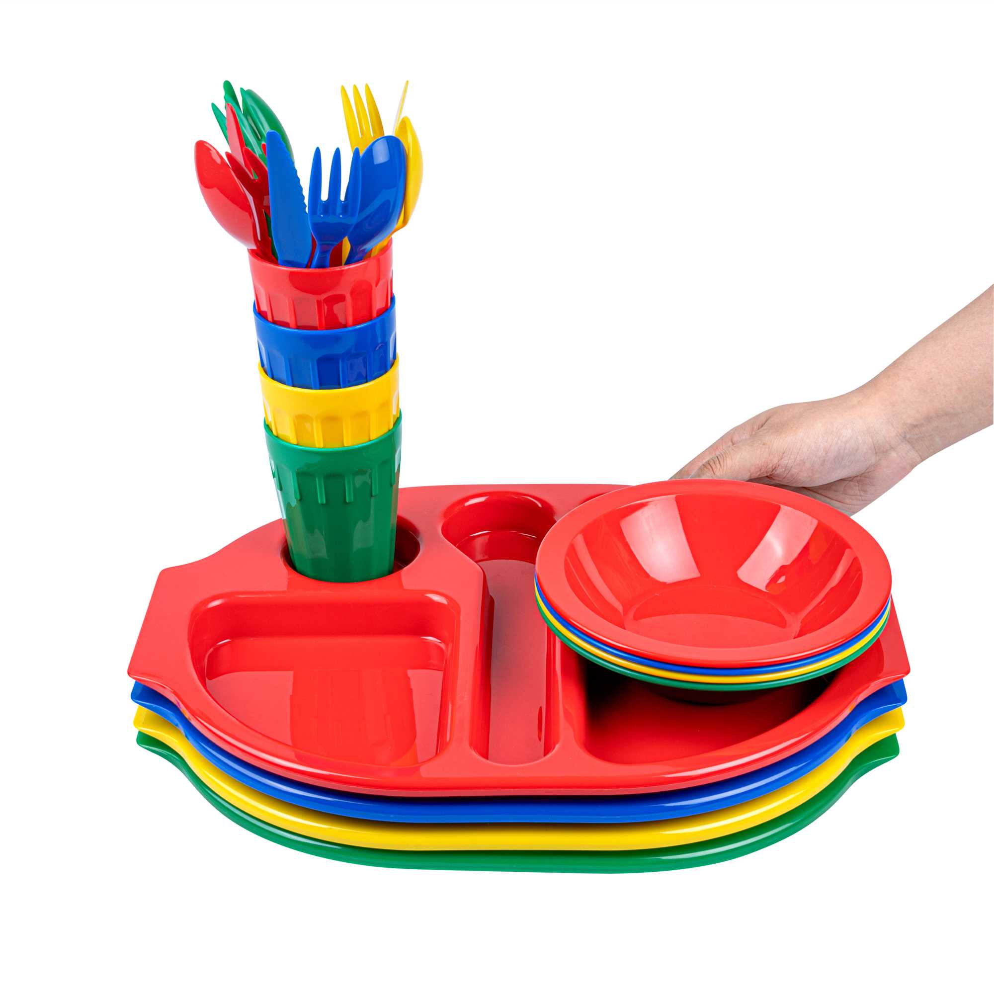 RW Kids 24-Piece Assorted Plastic Kids Dinnerware Set with Trays - Microwave-Safe, Dishwasher-Safe, BPA-Free - 1 count box