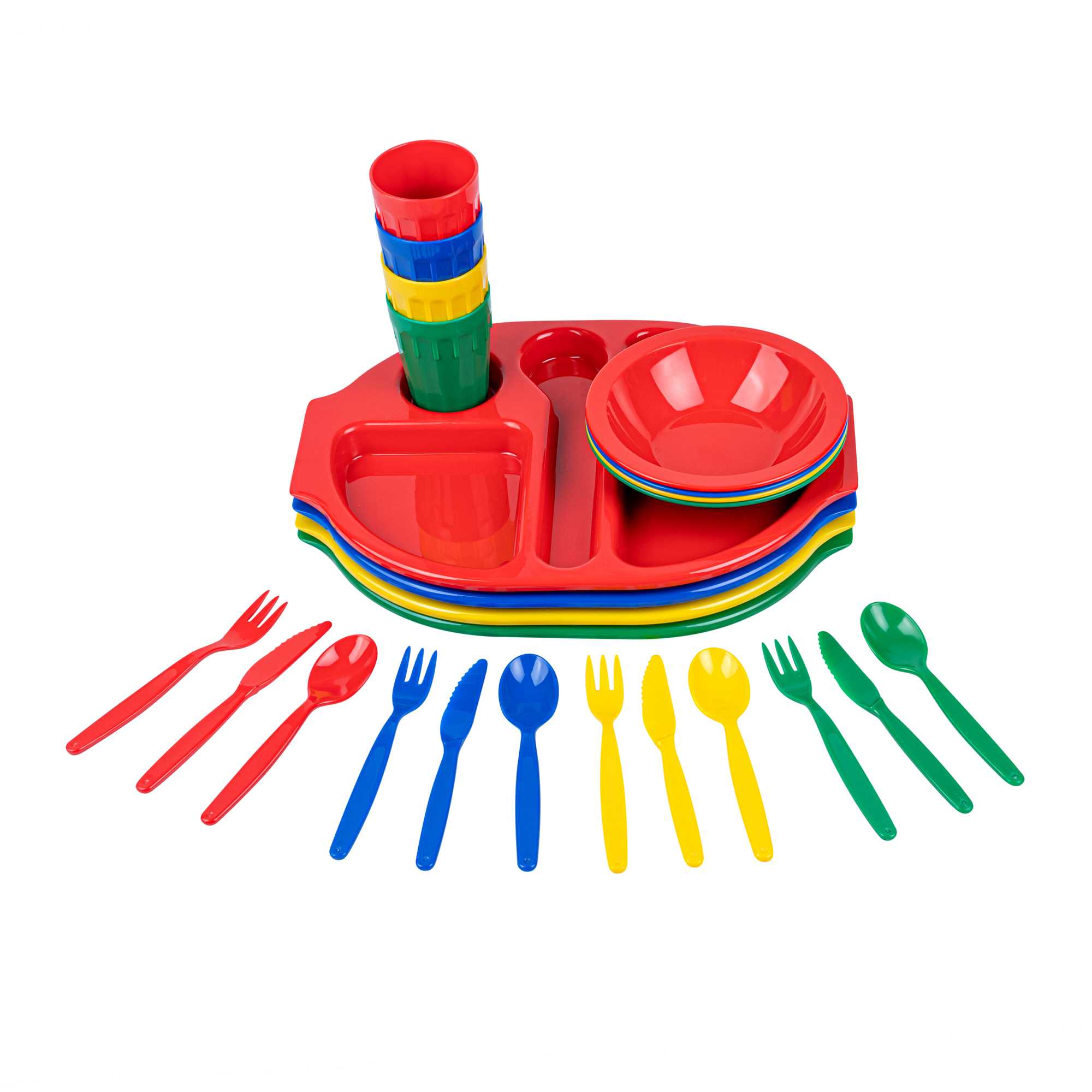 RW Kids 24-Piece Assorted Plastic Kids Dinnerware Set with Trays - Microwave-Safe, Dishwasher-Safe, BPA-Free - 1 count box
