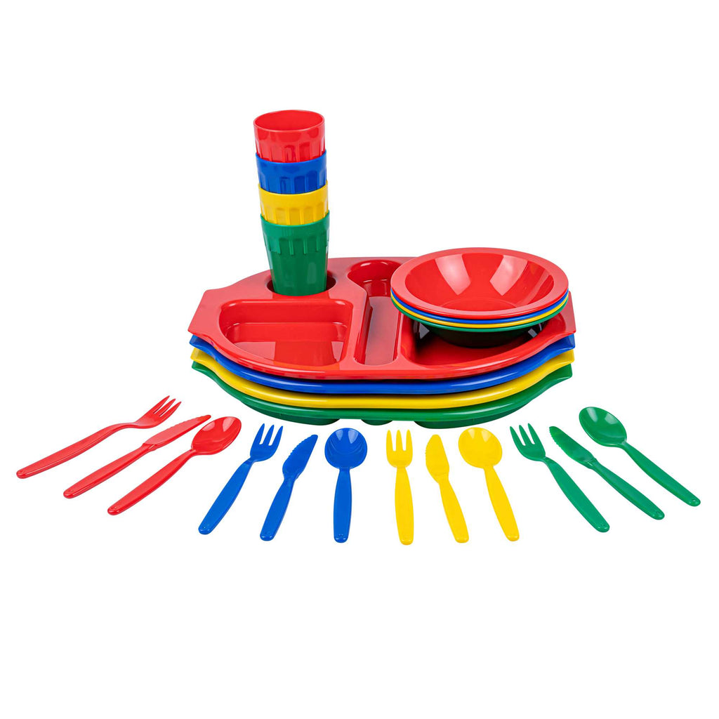 RW Kids 24-Piece Assorted Plastic Kids Dinnerware Set with Trays - Microwave-Safe, Dishwasher-Safe, BPA-Free - 1 count box