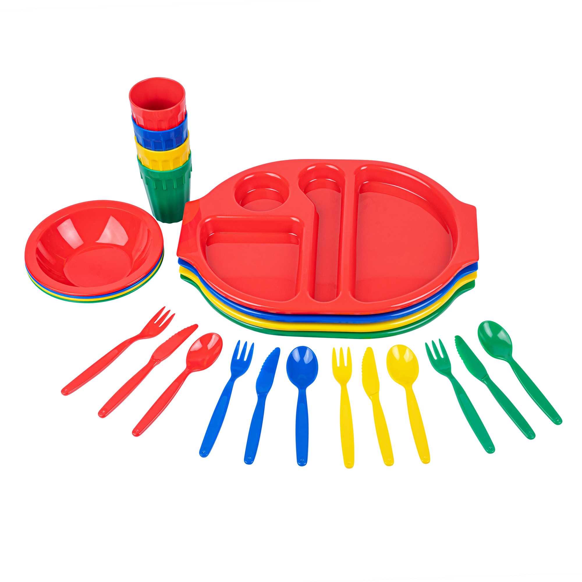 RW Kids 24-Piece Assorted Plastic Kids Dinnerware Set with Trays - Microwave-Safe, Dishwasher-Safe, BPA-Free - 1 count box