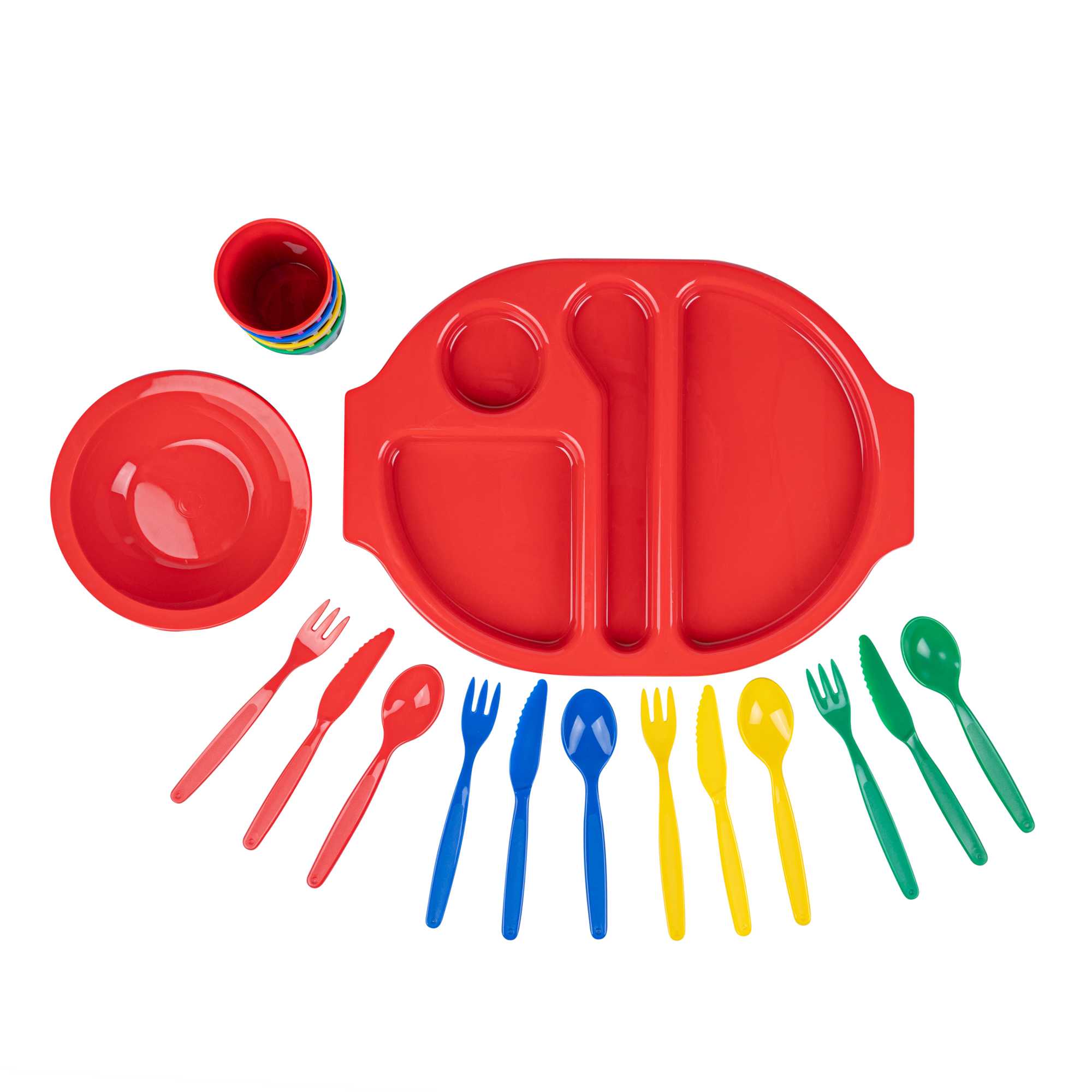 RW Kids 24-Piece Assorted Plastic Kids Dinnerware Set with Trays - Microwave-Safe, Dishwasher-Safe, BPA-Free - 1 count box