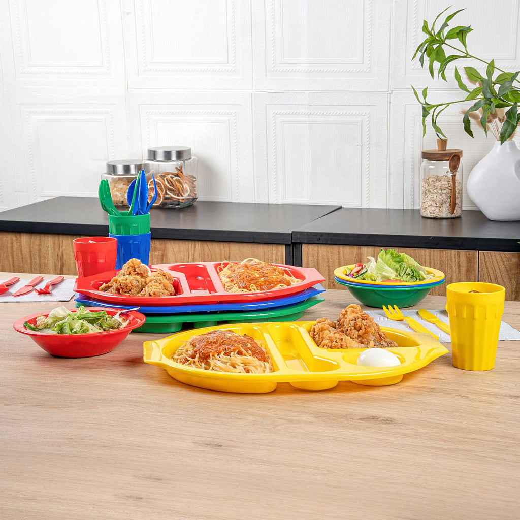 RW Kids 24-Piece Assorted Plastic Kids Dinnerware Set with Trays - Microwave-Safe, Dishwasher-Safe, BPA-Free - 1 count box