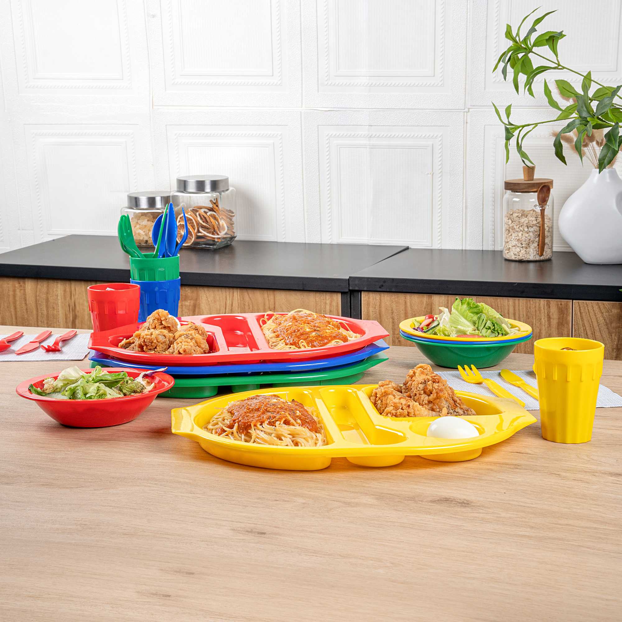 RW Kids 24-Piece Assorted Plastic Kids Dinnerware Set with Trays - Microwave-Safe, Dishwasher-Safe, BPA-Free - 1 count box