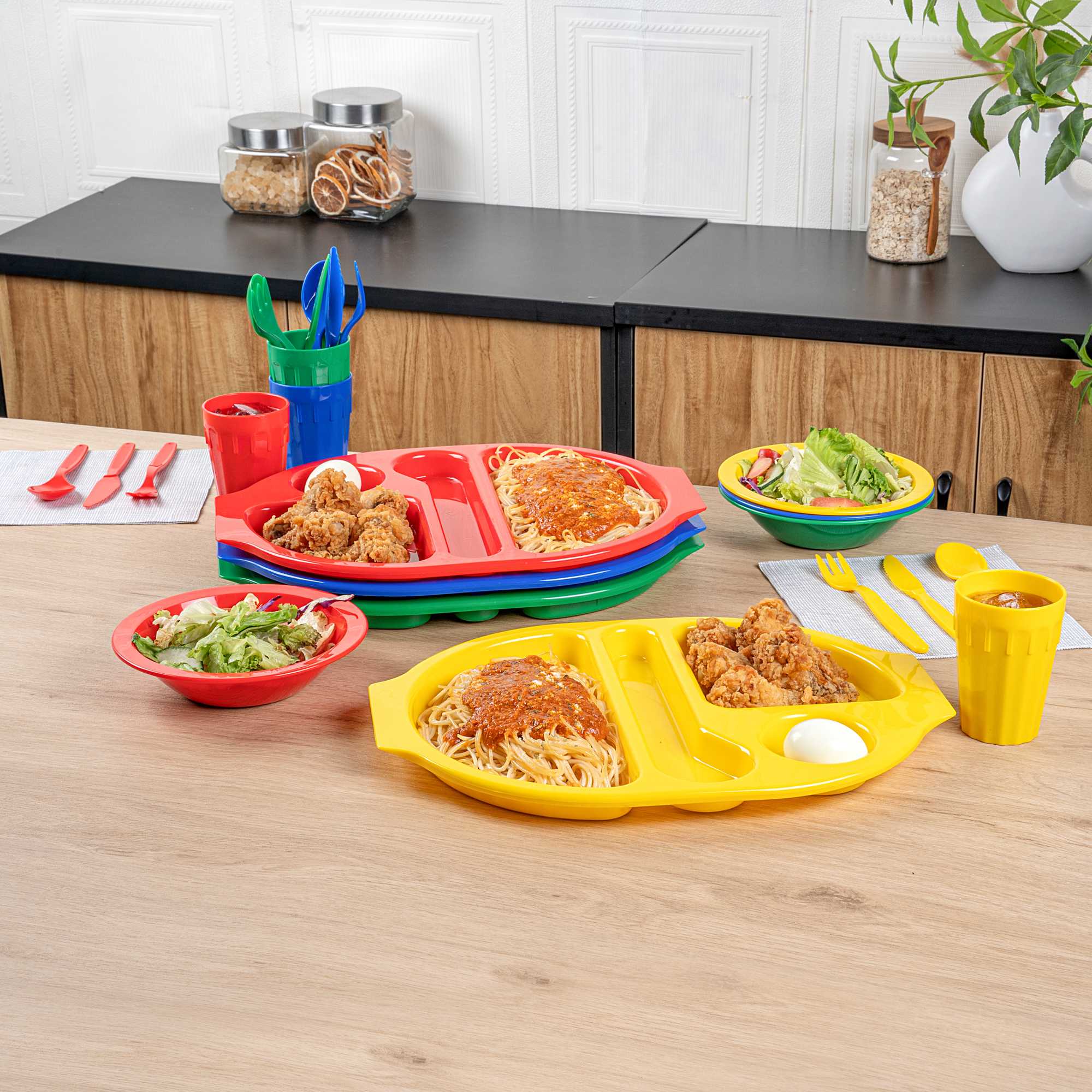 RW Kids 24-Piece Assorted Plastic Kids Dinnerware Set with Trays - Microwave-Safe, Dishwasher-Safe, BPA-Free - 1 count box