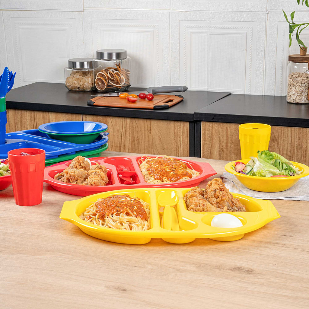 RW Kids 24-Piece Assorted Plastic Kids Dinnerware Set with Trays - Microwave-Safe, Dishwasher-Safe, BPA-Free - 1 count box