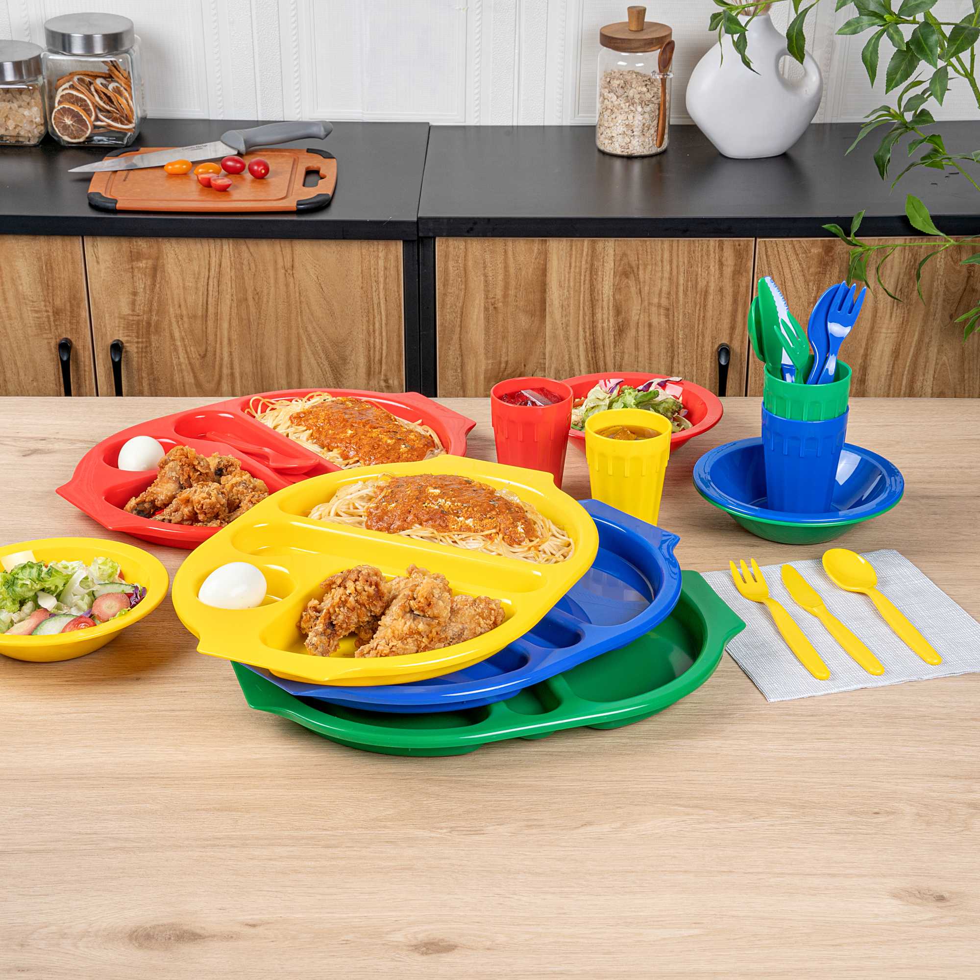 RW Kids 24-Piece Assorted Plastic Kids Dinnerware Set with Trays - Microwave-Safe, Dishwasher-Safe, BPA-Free - 1 count box
