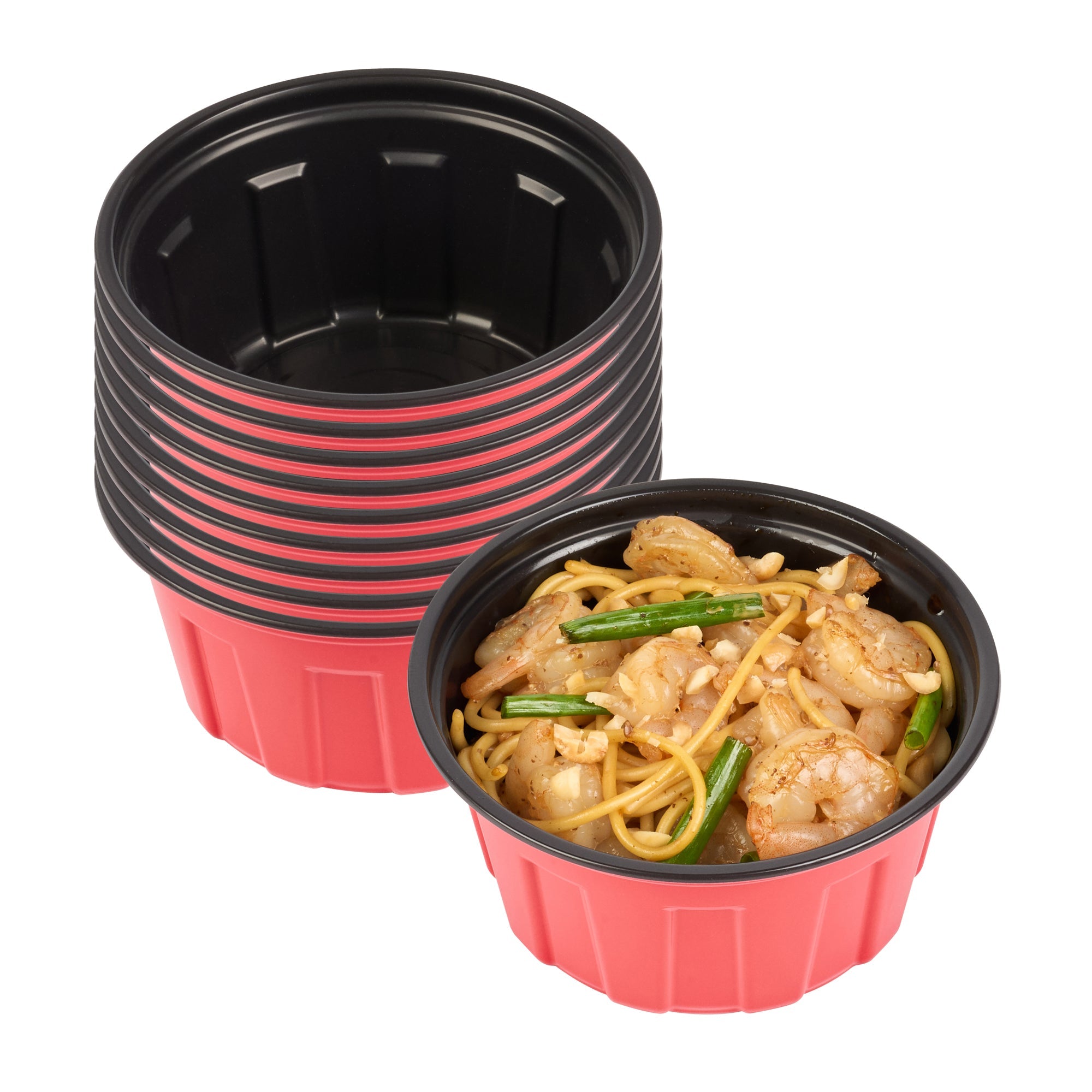 Bento Tek 12 oz Round Red Plastic To Go Box - Microwave-Safe - 4 3/4" x 4 3/4" x 2 1/4" - 200 count box