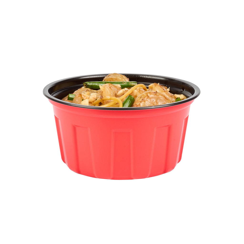 Bento Tek 12 oz Round Red Plastic To Go Box - Microwave-Safe - 4 3/4" x 4 3/4" x 2 1/4" - 50 count box