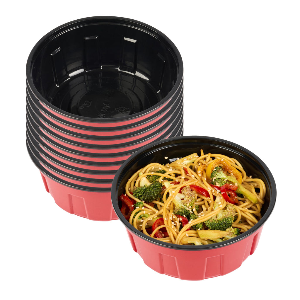 Bento Tek 23 oz Round Red Plastic To Go Box - Microwave-Safe - 6" x 6" x 2 1/2" - 50 count box