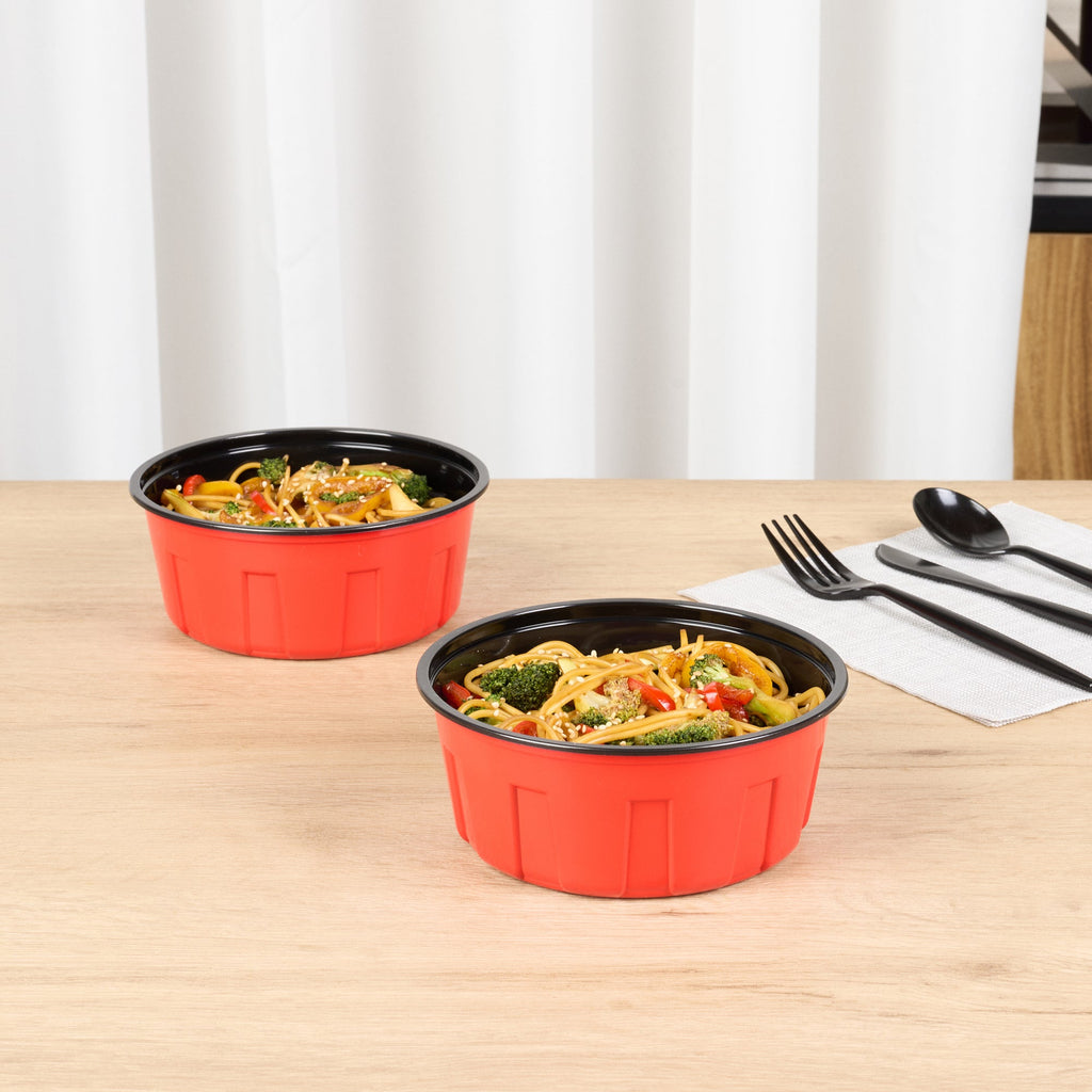 Bento Tek 23 oz Round Red Plastic To Go Box - Microwave-Safe - 6" x 6" x 2 1/2" - 50 count box