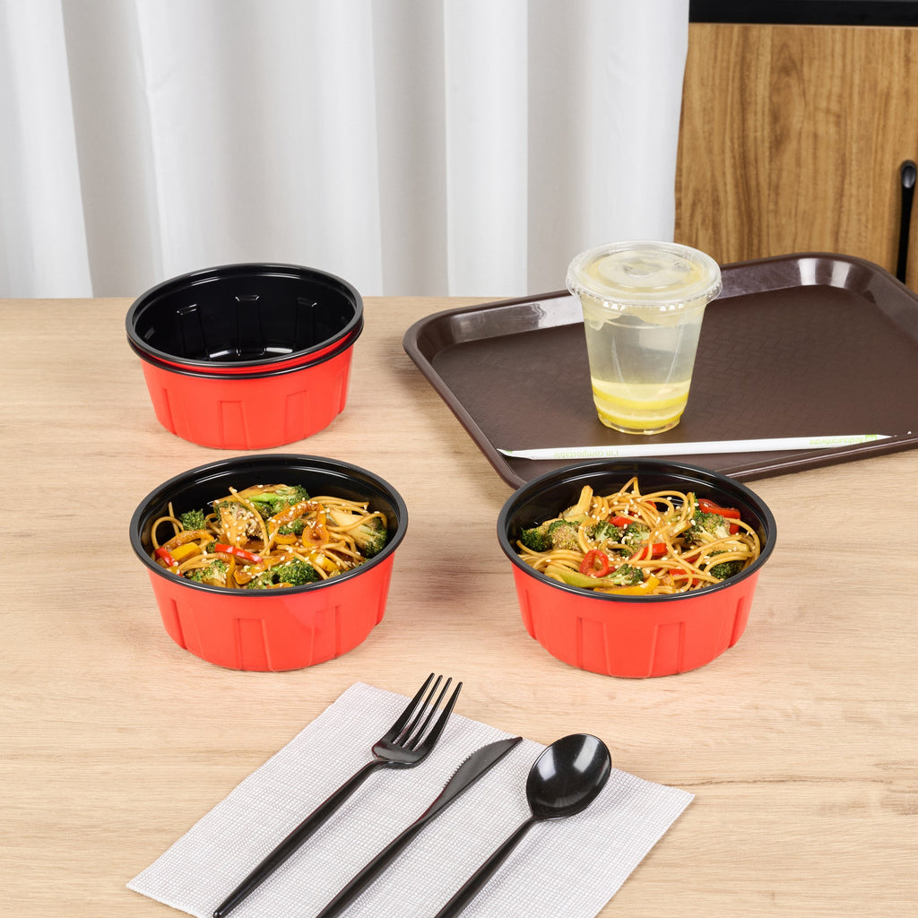 Bento Tek 23 oz Round Red Plastic To Go Box - Microwave-Safe - 6" x 6" x 2 1/2" - 50 count box