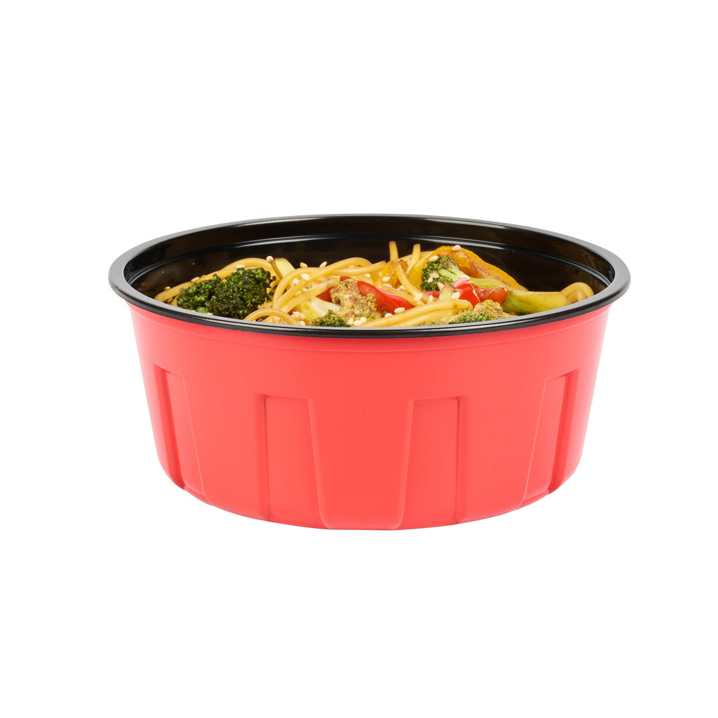 Bento Tek 23 oz Round Red Plastic To Go Box - Microwave-Safe - 6" x 6" x 2 1/2" - 200 count box