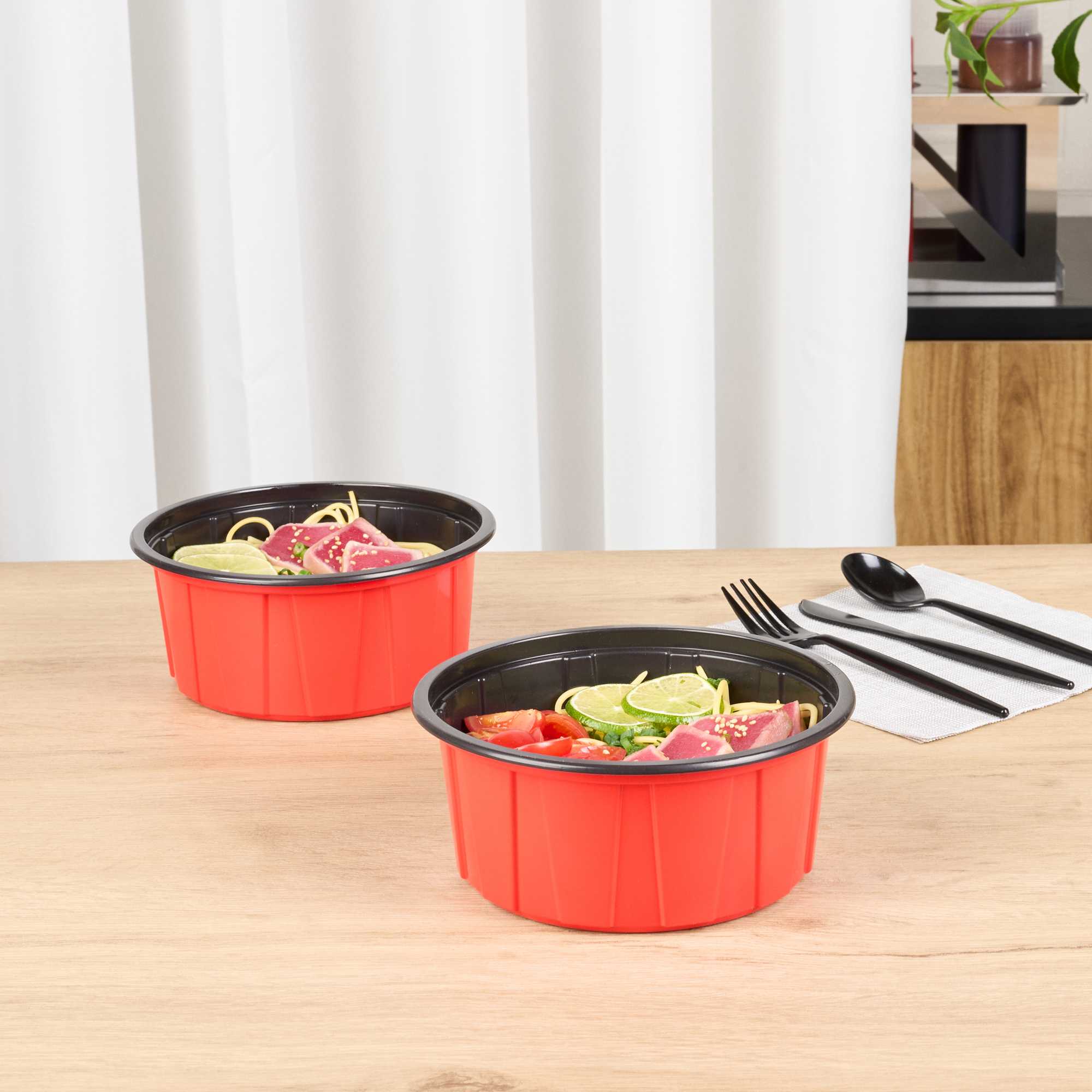Bento Tek 42 oz Round Red Plastic To Go Box - Microwave-Safe - 7" x 7" x 3 1/4" - 200 count box
