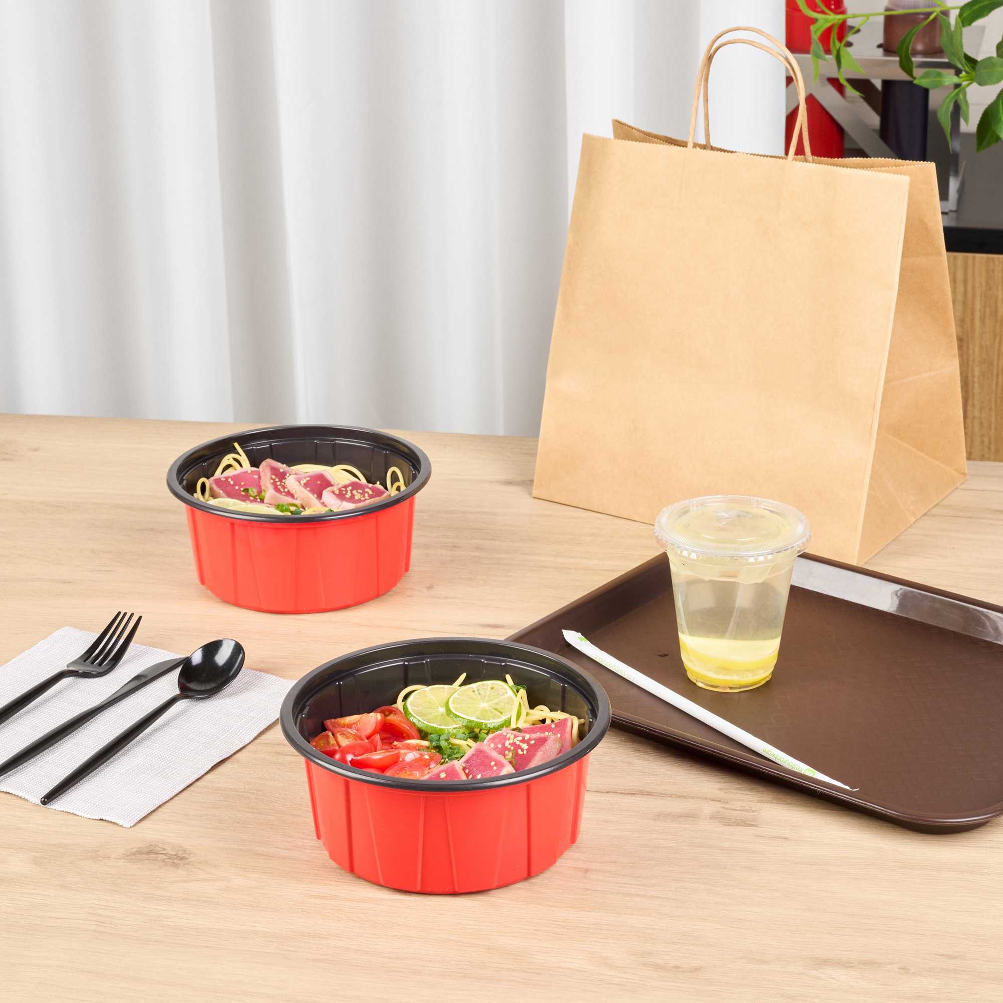 Bento Tek 42 oz Round Red Plastic To Go Box - Microwave-Safe - 7" x 7" x 3 1/4" - 50 count box