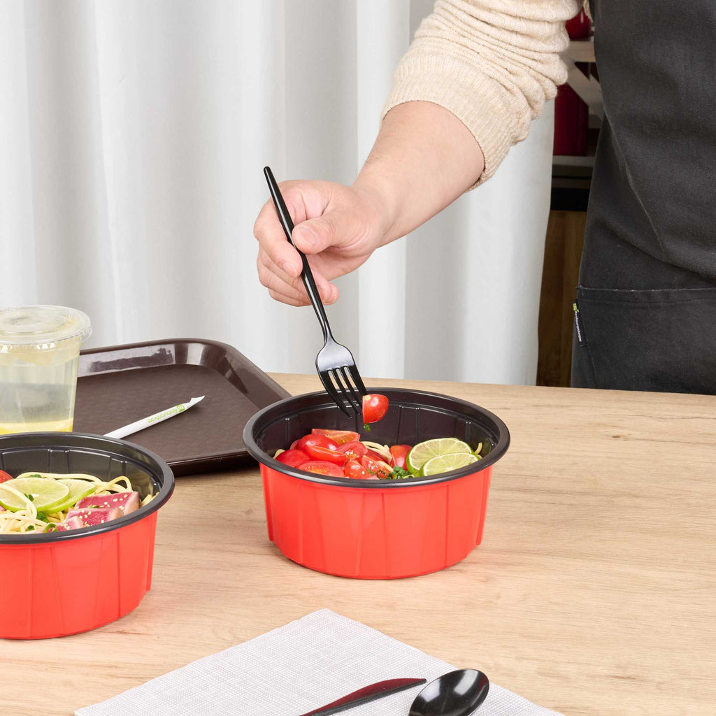 Bento Tek 42 oz Round Red Plastic To Go Box - Microwave-Safe - 7" x 7" x 3 1/4" - 50 count box