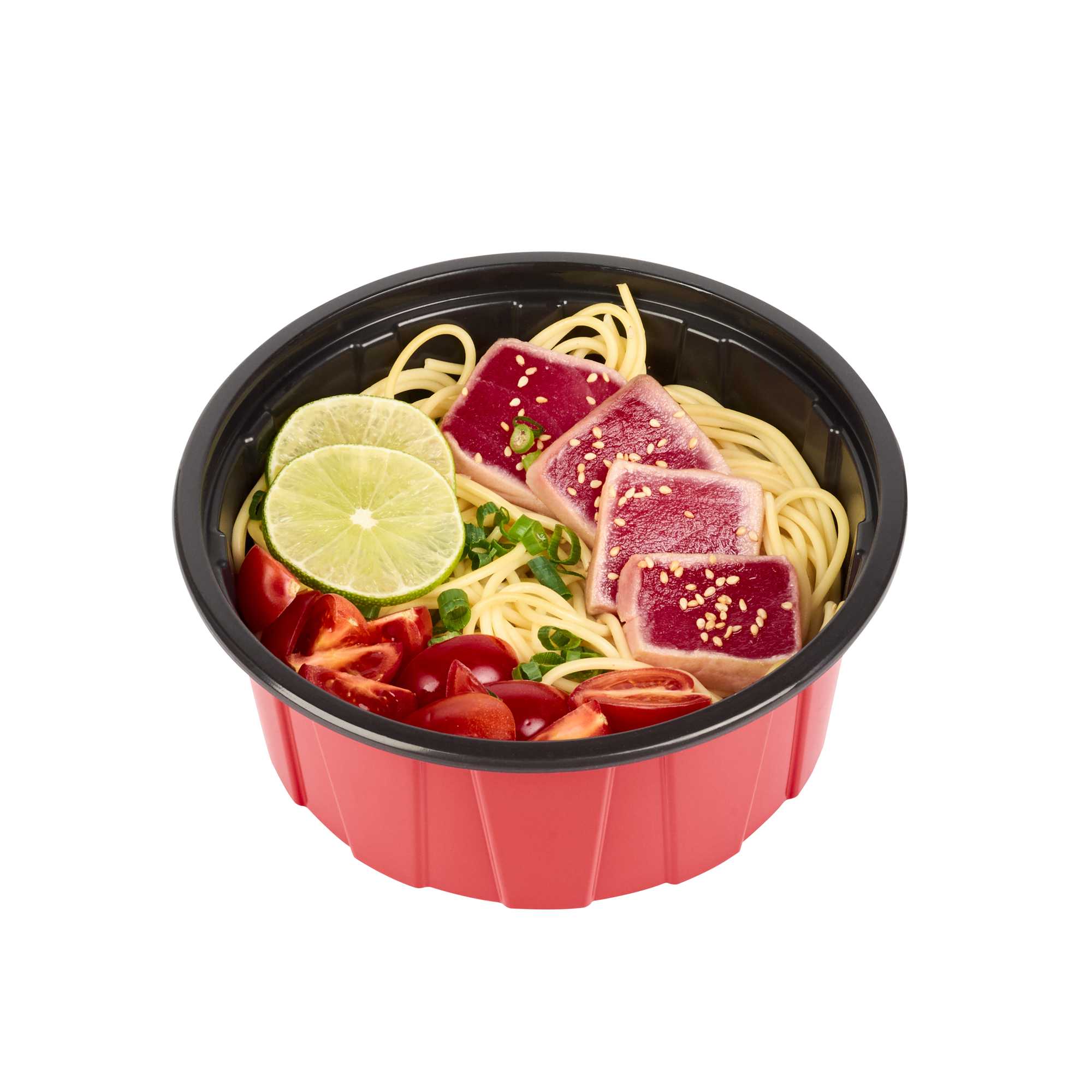 Bento Tek 42 oz Round Red Plastic To Go Box - Microwave-Safe - 7" x 7" x 3 1/4" - 200 count box