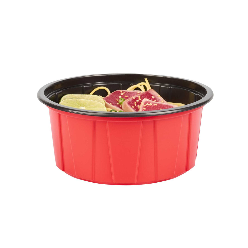 Bento Tek 42 oz Round Red Plastic To Go Box - Microwave-Safe - 7" x 7" x 3 1/4" - 200 count box