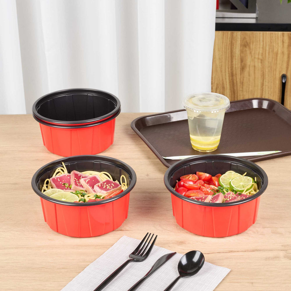 Bento Tek 42 oz Round Red Plastic To Go Box - Microwave-Safe - 7" x 7" x 3 1/4" - 200 count box