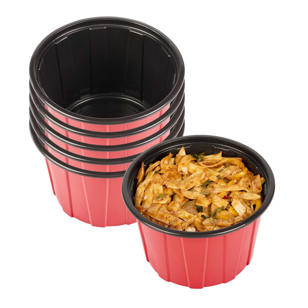 Bento Tek 58 oz Round Red Plastic To Go Box - Microwave-Safe - 7" x 7" x 4 1/2" - 200 count box