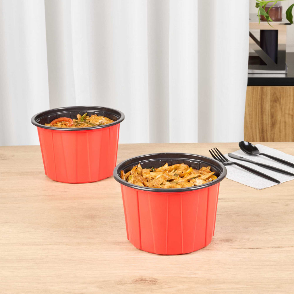 Bento Tek 58 oz Round Red Plastic To Go Box - Microwave-Safe - 7" x 7" x 4 1/2" - 50 count box