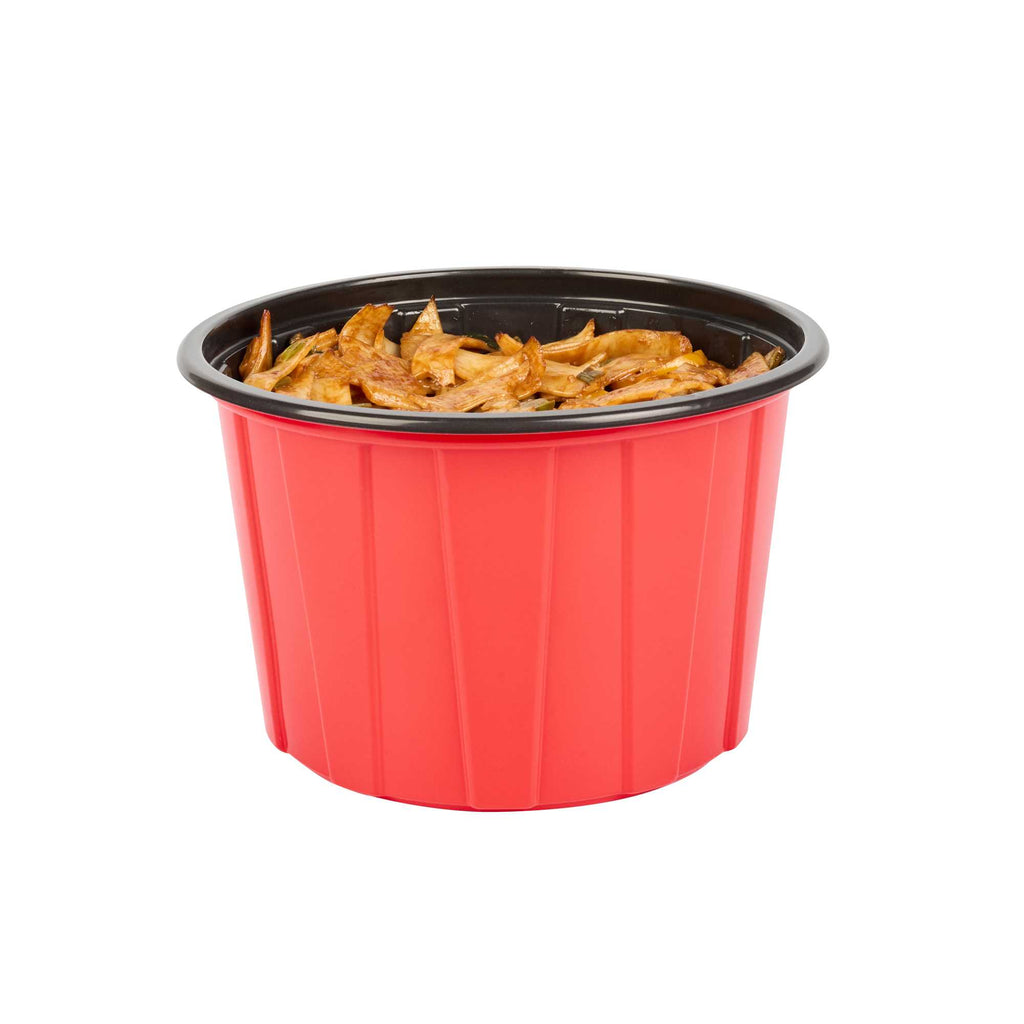 Bento Tek 58 oz Round Red Plastic To Go Box - Microwave-Safe - 7" x 7" x 4 1/2" - 50 count box