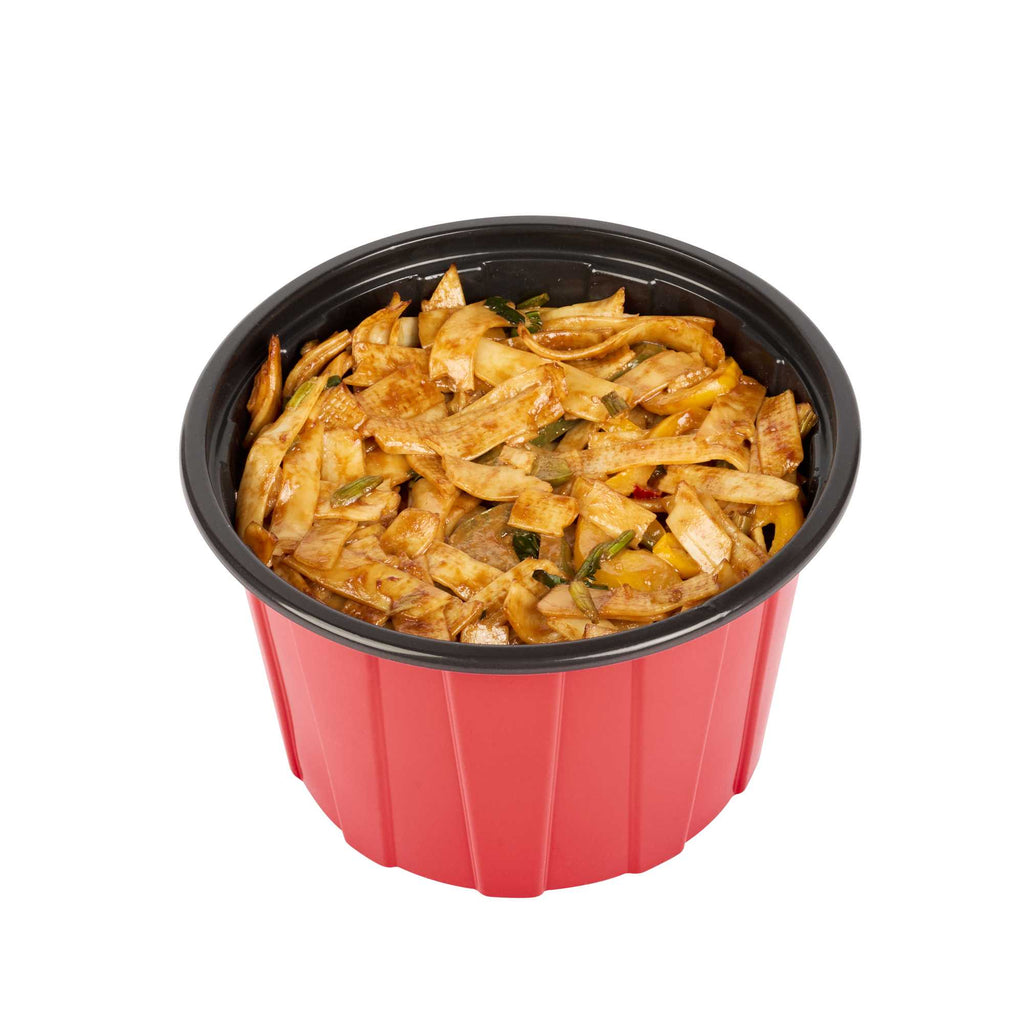 Bento Tek 58 oz Round Red Plastic To Go Box - Microwave-Safe - 7" x 7" x 4 1/2" - 50 count box