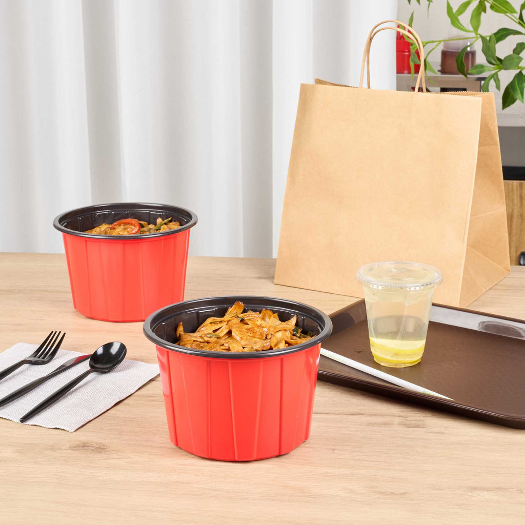 Bento Tek 58 oz Round Red Plastic To Go Box - Microwave-Safe - 7" x 7" x 4 1/2" - 200 count box