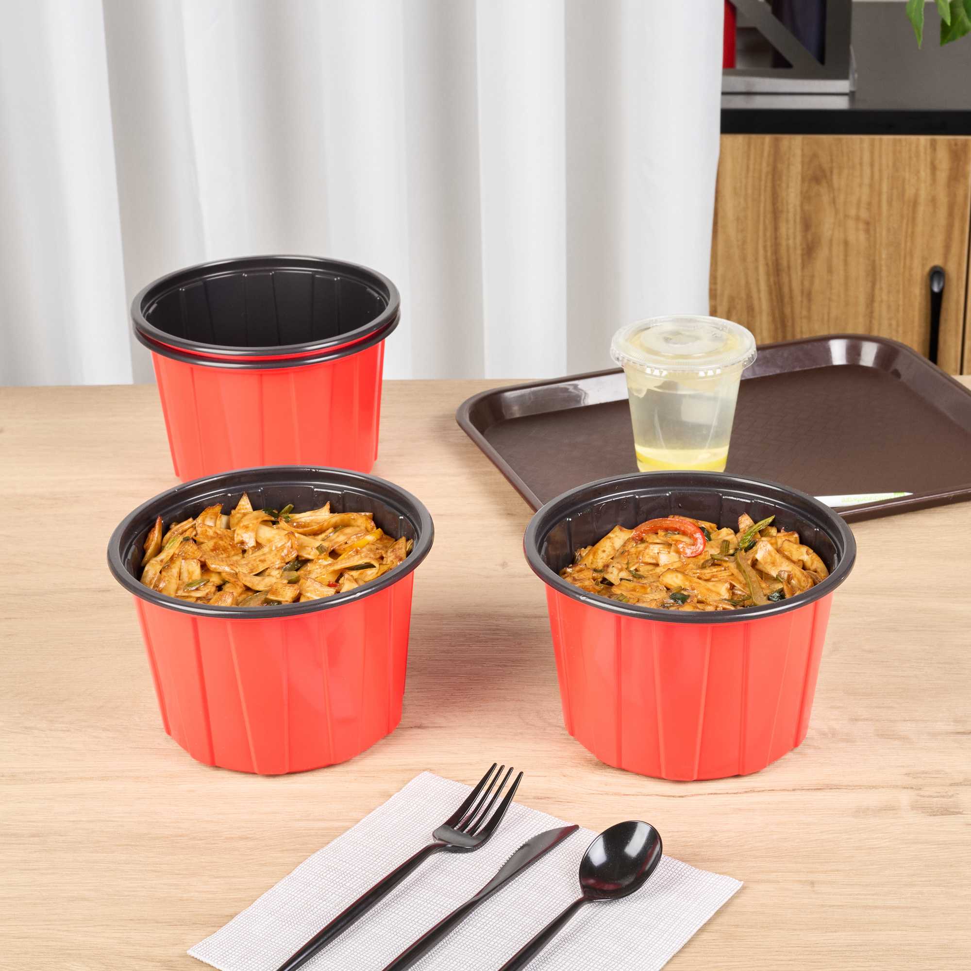 Bento Tek 58 oz Round Red Plastic To Go Box - Microwave-Safe - 7" x 7" x 4 1/2" - 200 count box