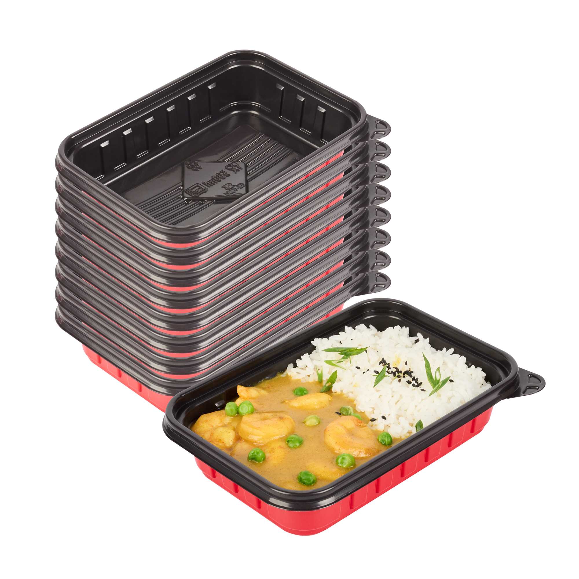 Bento Tek 16 oz Rectangle Red Plastic To Go Box - Microwave-Safe - 7 1/4" x 4 3/4" x 1 1/2" - 50 count box