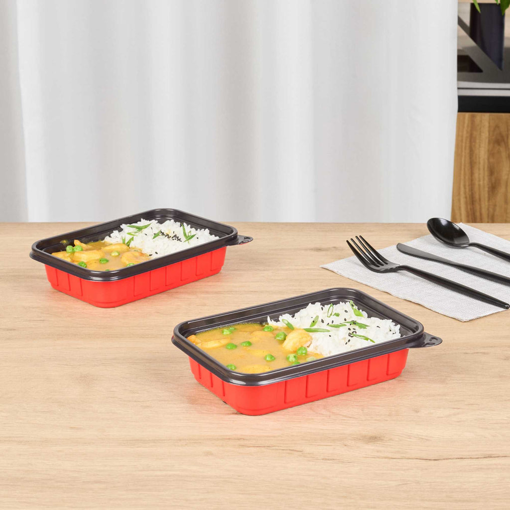 Bento Tek 16 oz Rectangle Red Plastic To Go Box - Microwave-Safe - 7 1/4" x 4 3/4" x 1 1/2" - 50 count box