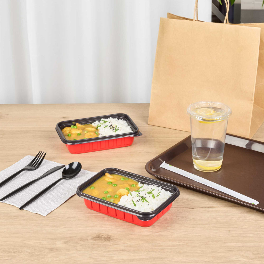 Bento Tek 16 oz Rectangle Red Plastic To Go Box - Microwave-Safe - 7 1/4" x 4 3/4" x 1 1/2" - 50 count box