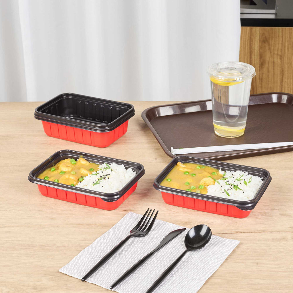 Bento Tek 16 oz Rectangle Red Plastic To Go Box - Microwave-Safe - 7 1/4" x 4 3/4" x 1 1/2" - 50 count box