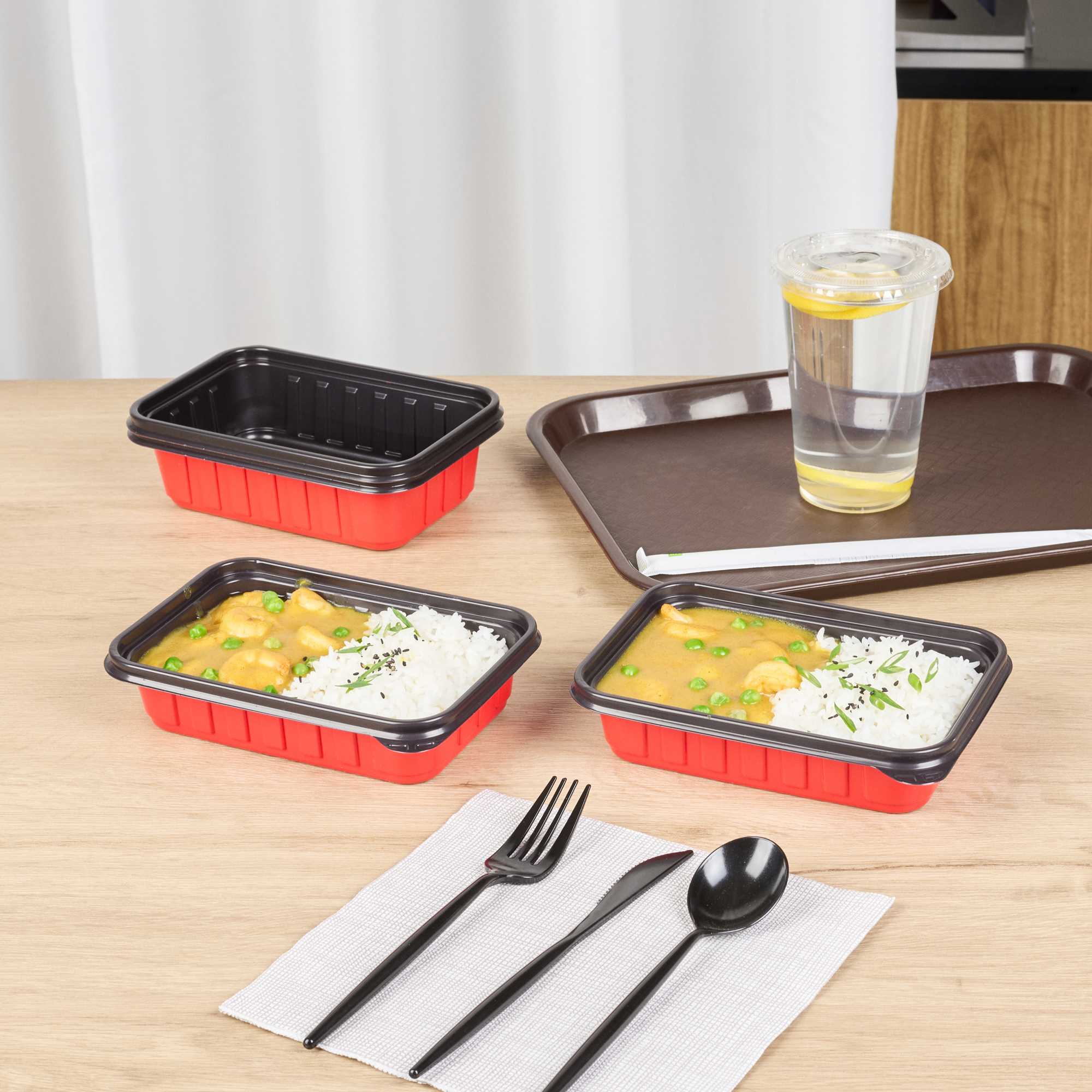 Bento Tek 16 oz Rectangle Red Plastic To Go Box - Microwave-Safe - 7 1/4" x 4 3/4" x 1 1/2" - 200 count box