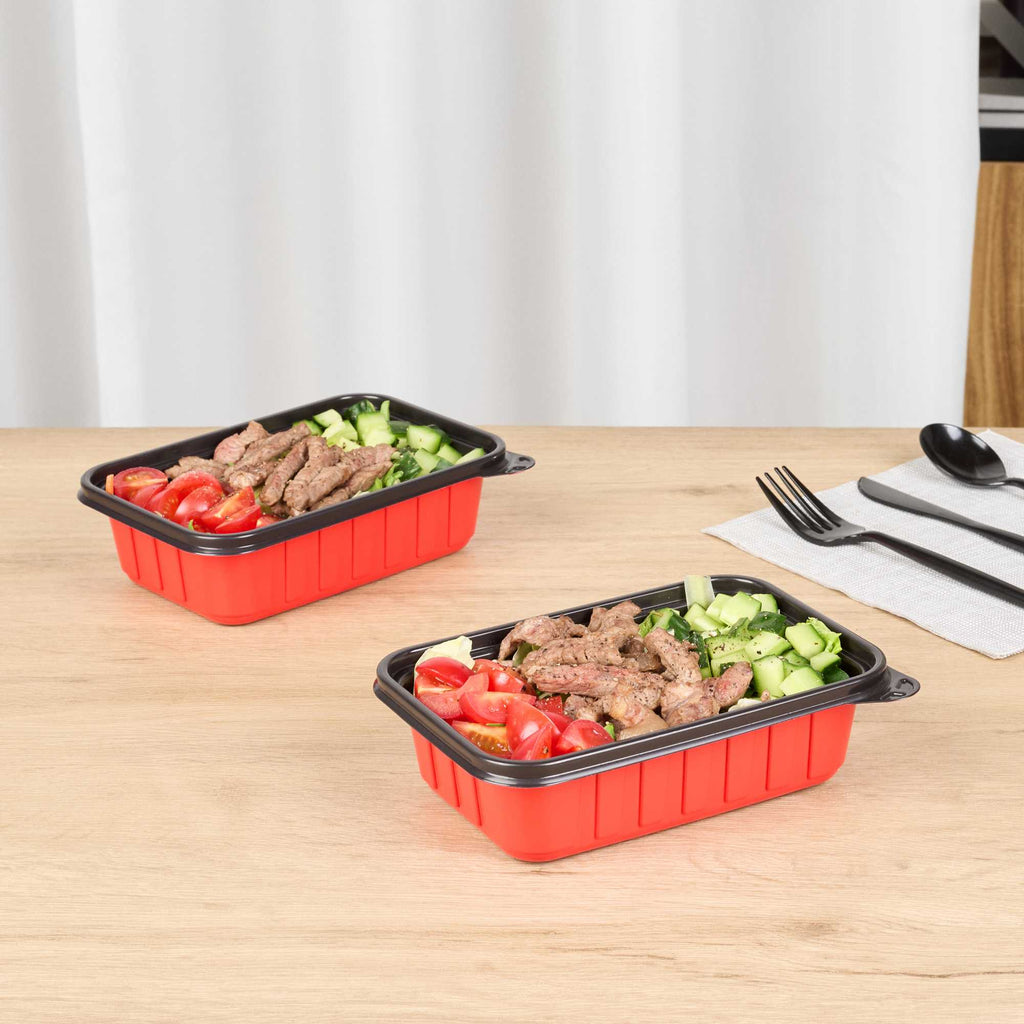 Bento Tek 22 oz Rectangle Red Plastic To Go Box - Microwave-Safe - 7 1/4" x 4 3/4" x 2" - 200 count box