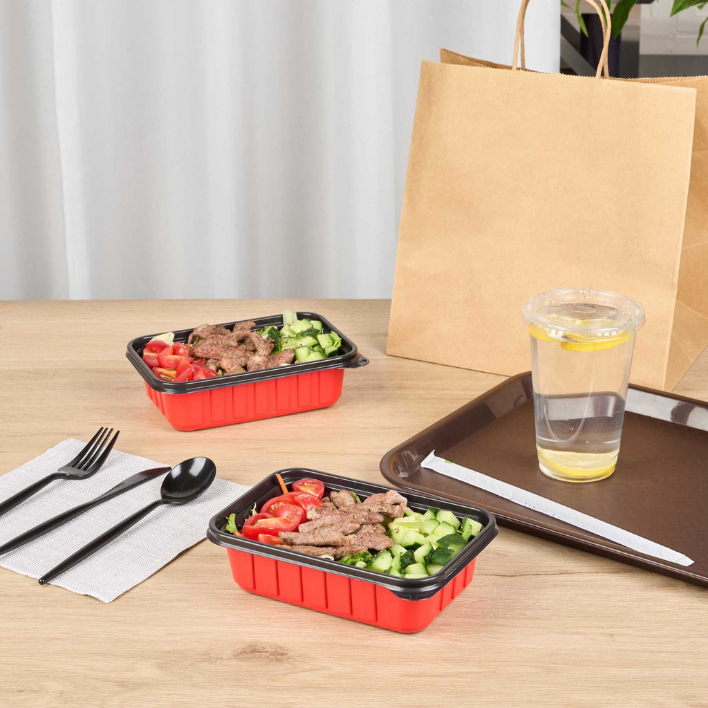 Bento Tek 22 oz Rectangle Red Plastic To Go Box - Microwave-Safe - 7 1/4" x 4 3/4" x 2" - 50 count box