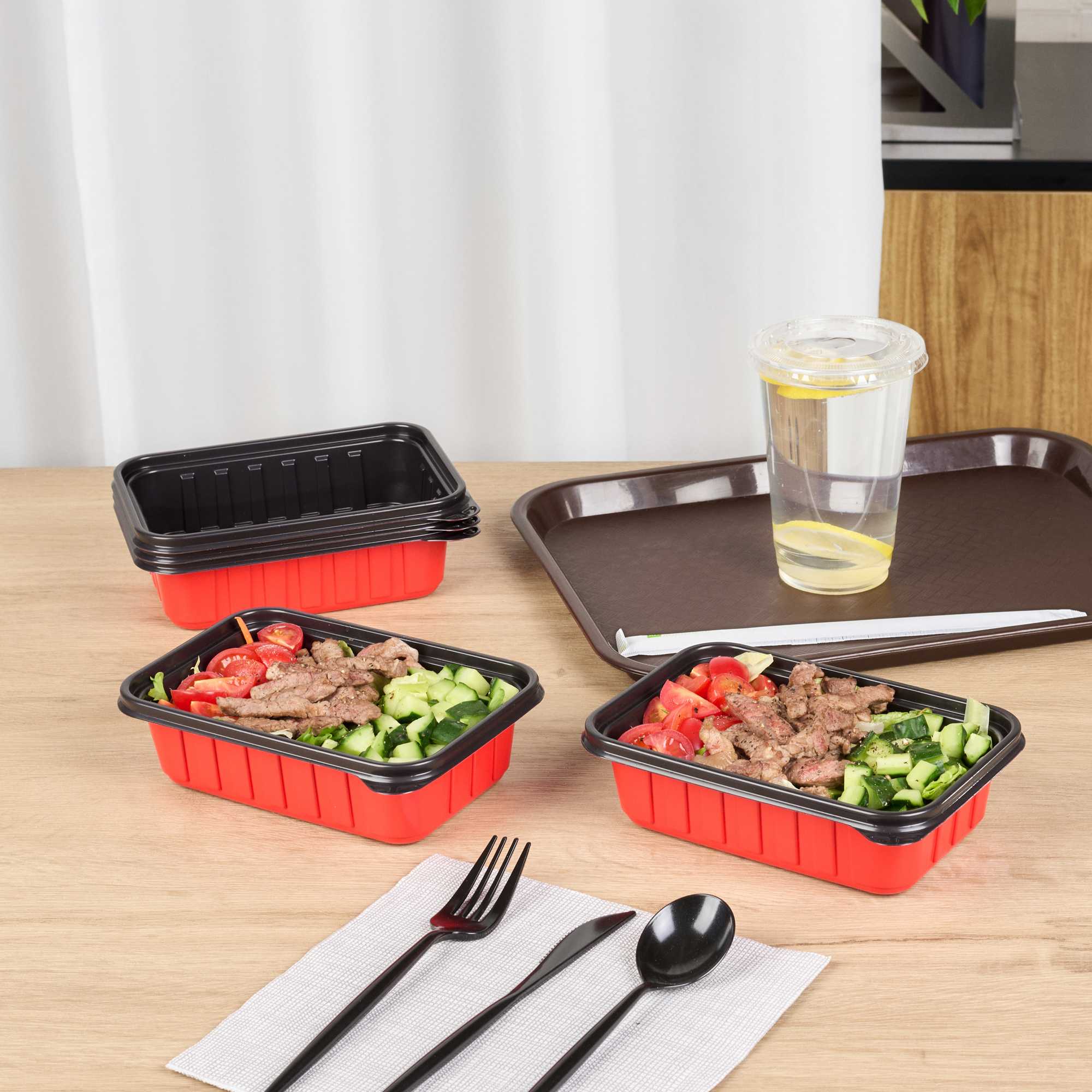 Bento Tek 22 oz Rectangle Red Plastic To Go Box - Microwave-Safe - 7 1/4" x 4 3/4" x 2" - 200 count box