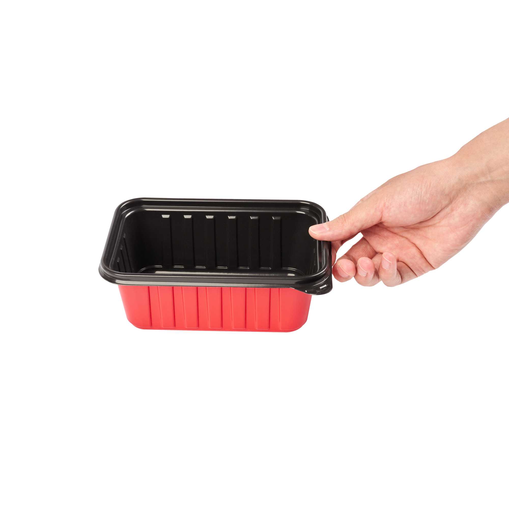 Bento Tek 30 oz Rectangle Red Plastic To Go Box - Microwave-Safe - 7 1/4" x 4 3/4" x 2 3/4" - 50 count box