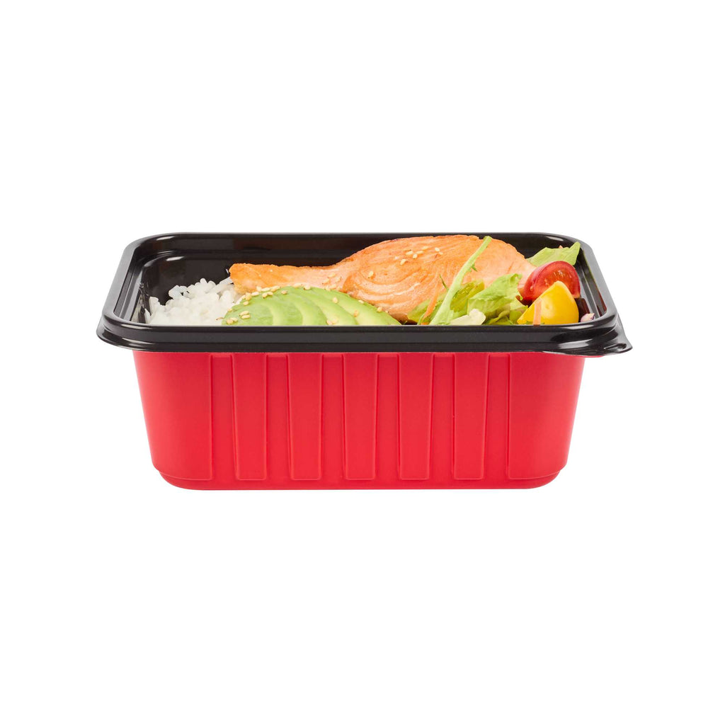 Bento Tek 30 oz Rectangle Red Plastic To Go Box - Microwave-Safe - 7 1/4" x 4 3/4" x 2 3/4" - 50 count box