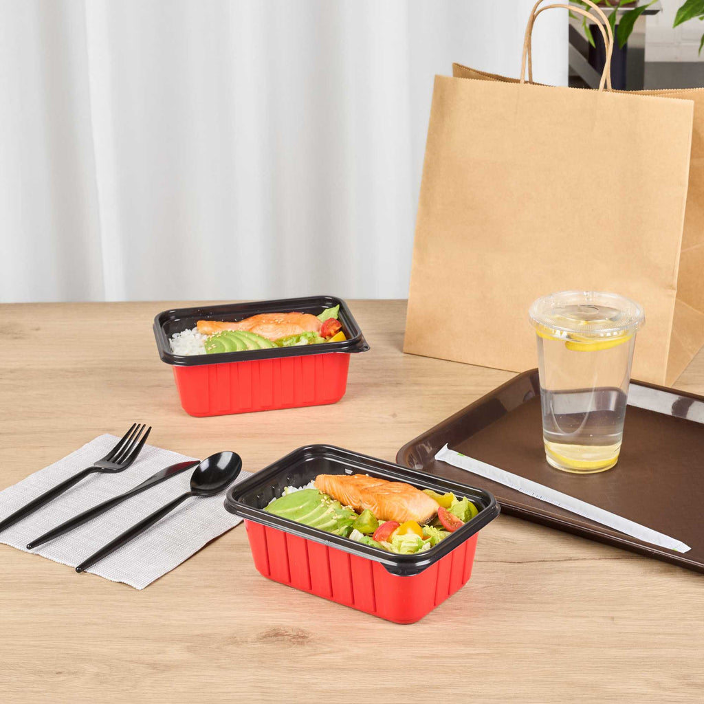 Bento Tek 30 oz Rectangle Red Plastic To Go Box - Microwave-Safe - 7 1/4" x 4 3/4" x 2 3/4" - 50 count box