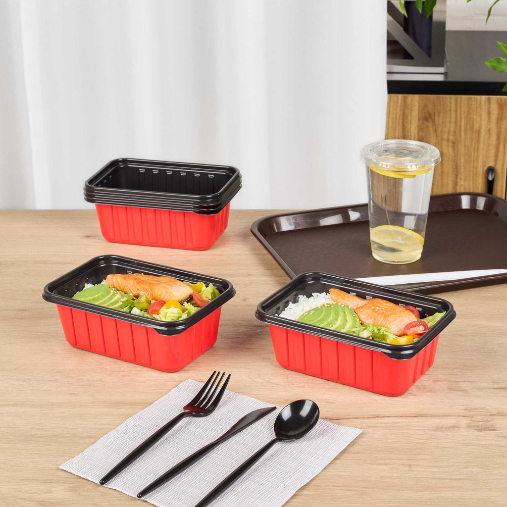 Bento Tek 30 oz Rectangle Red Plastic To Go Box - Microwave-Safe - 7 1/4" x 4 3/4" x 2 3/4" - 50 count box